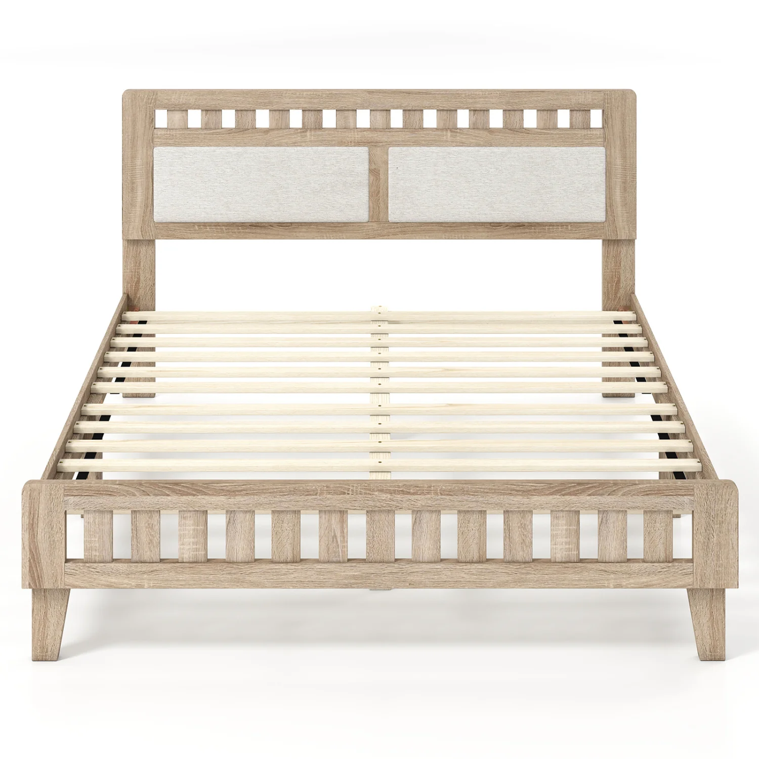 Queen Wood Bed Frame with Upholstered Headboard, Natural
