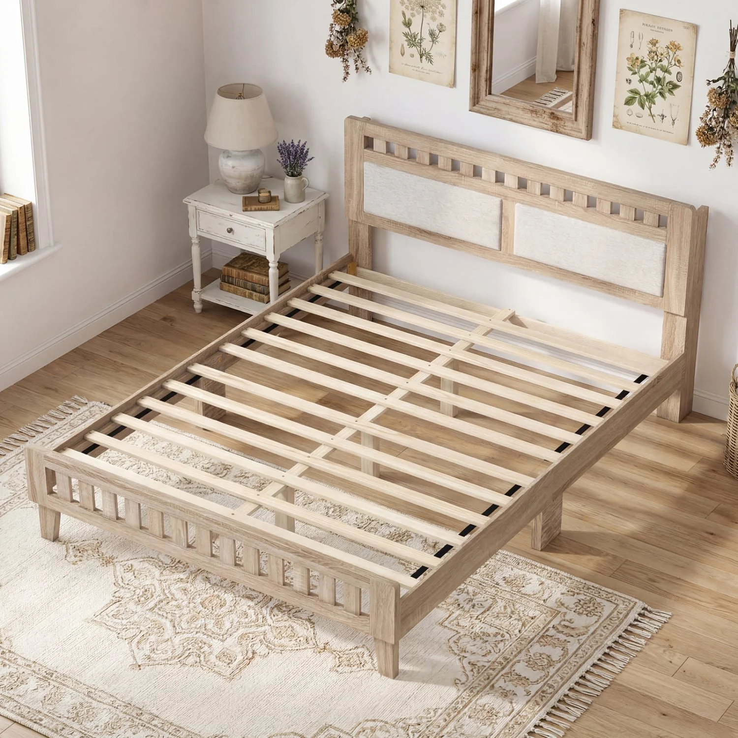 Queen Wood Bed Frame with Upholstered Headboard, Natural - Image 3