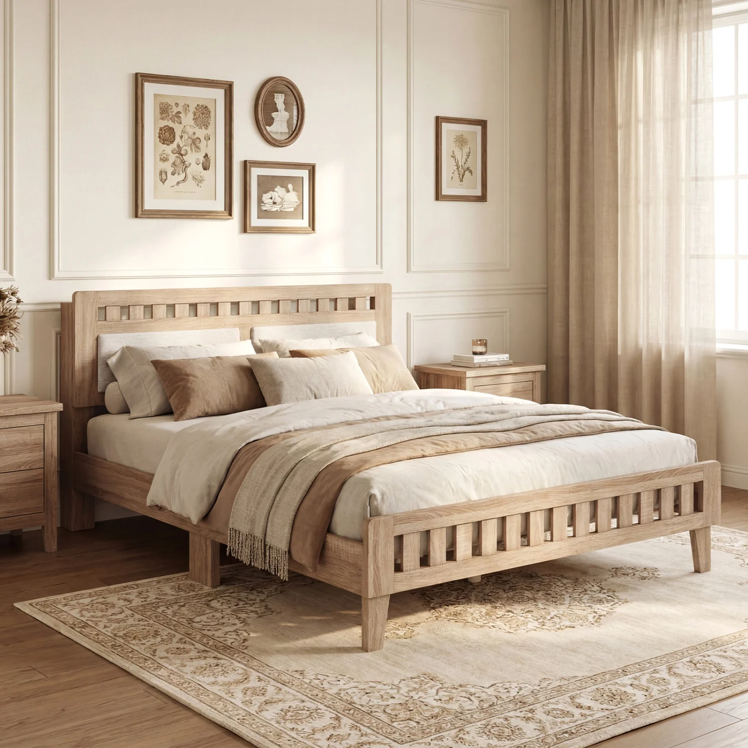 Queen Wood Bed Frame with Upholstered Headboard, Natural - Image 6