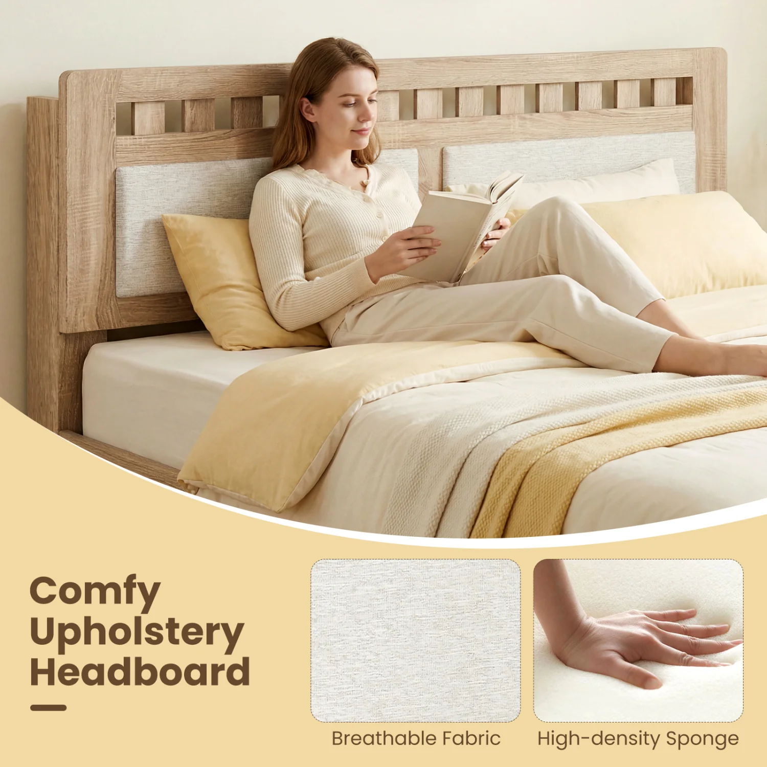 Queen Wood Bed Frame with Upholstered Headboard, Natural - Image 7