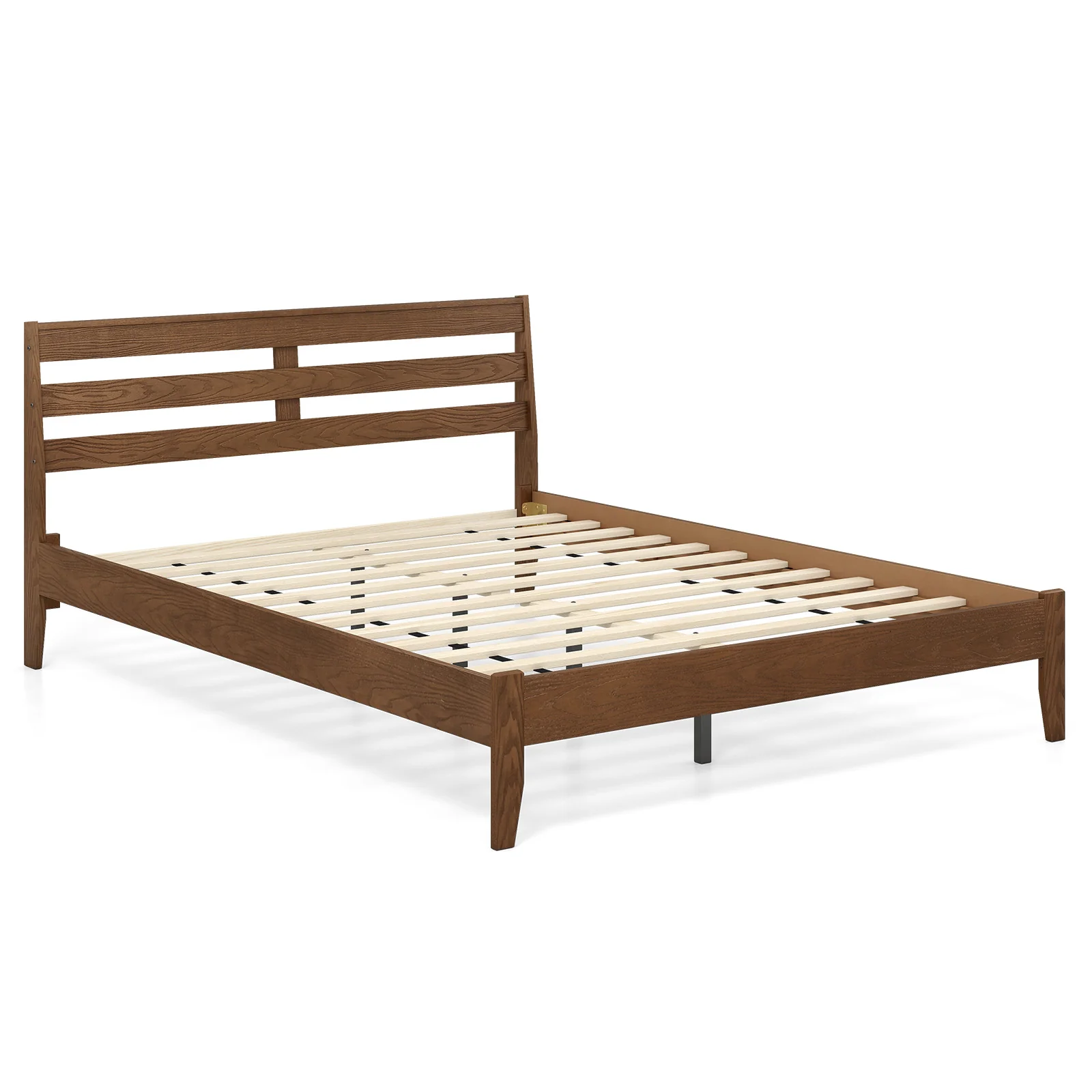 Queen Wood Platform Bed Frame, Slat Headboard, Brown
