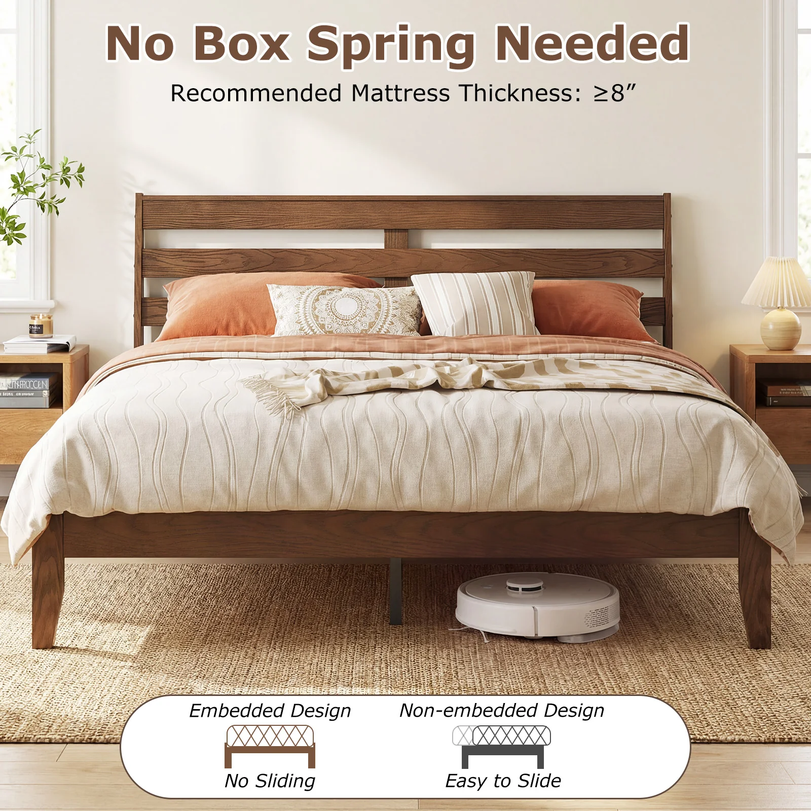 Queen Wood Platform Bed Frame, Slat Headboard, Brown - Image 10