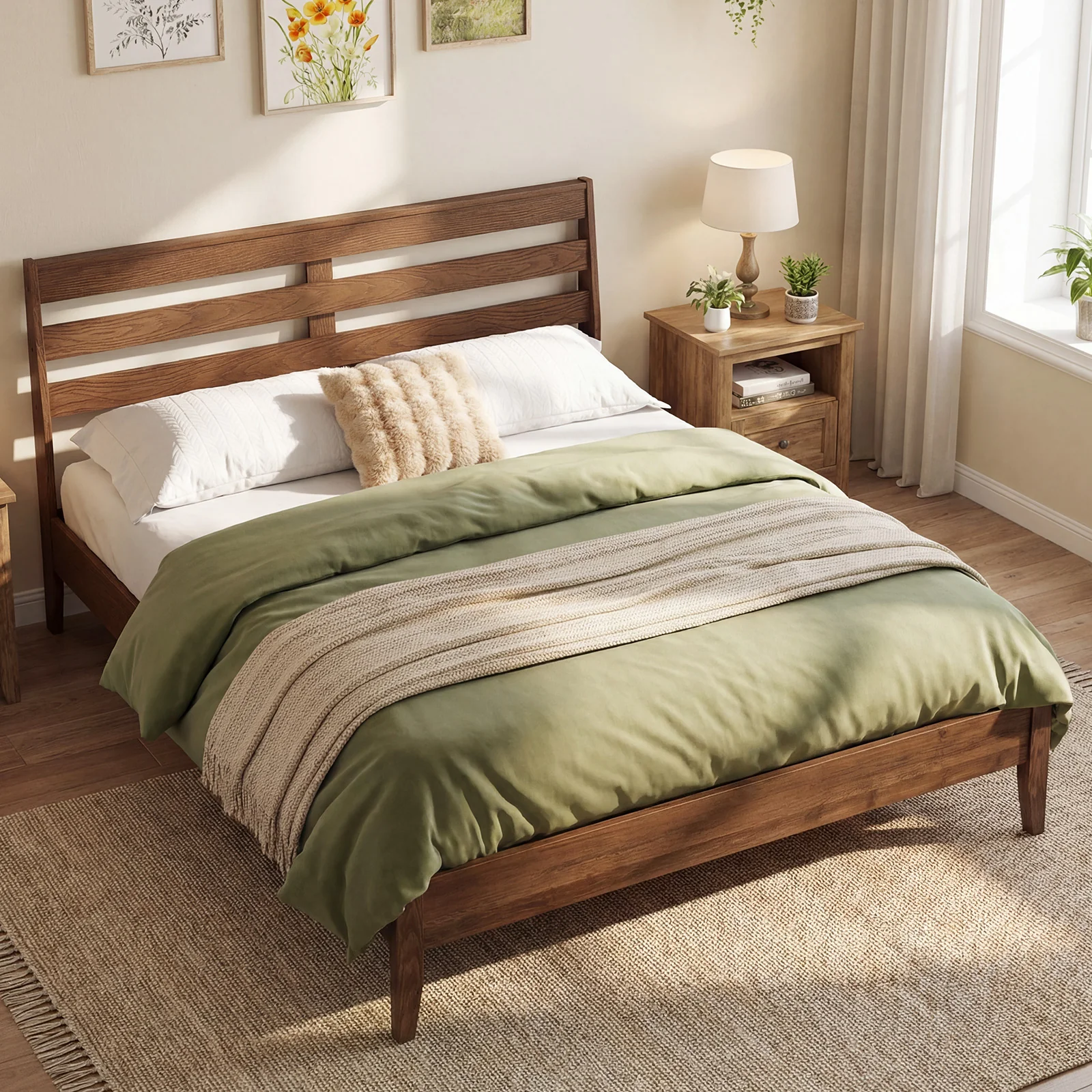 Queen Wood Platform Bed Frame, Slat Headboard, Brown - Image 2