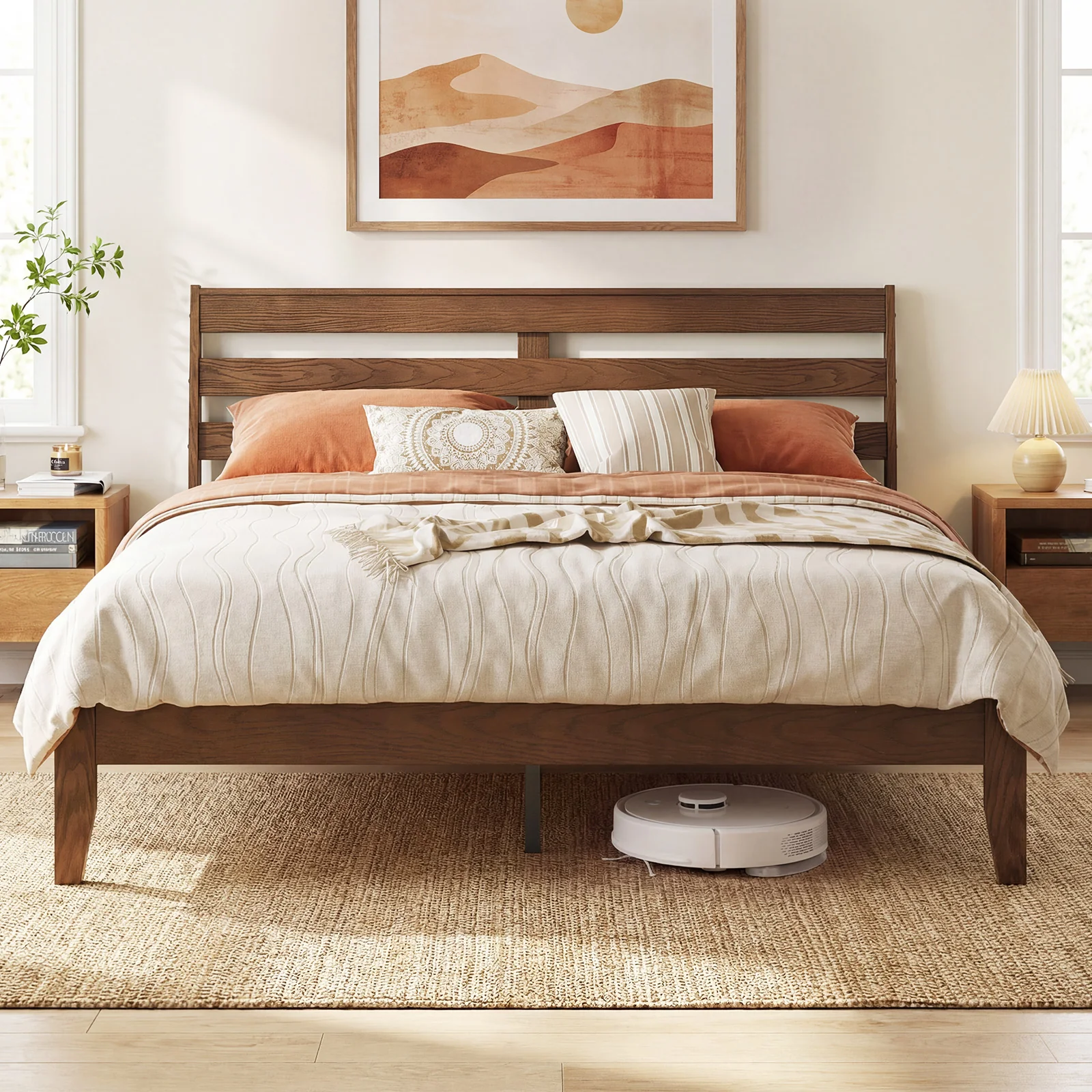 Queen Wood Platform Bed Frame, Slat Headboard, Brown - Image 3