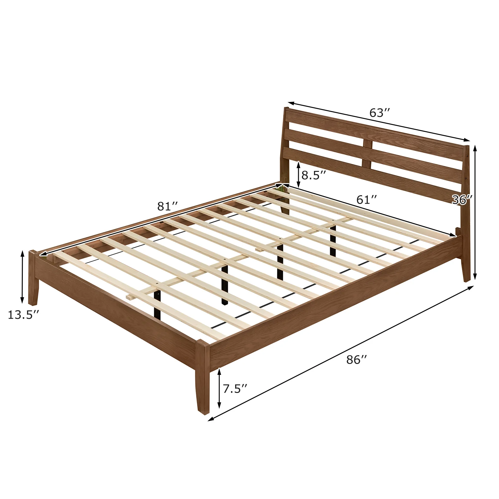 Queen Wood Platform Bed Frame, Slat Headboard, Brown - Image 5