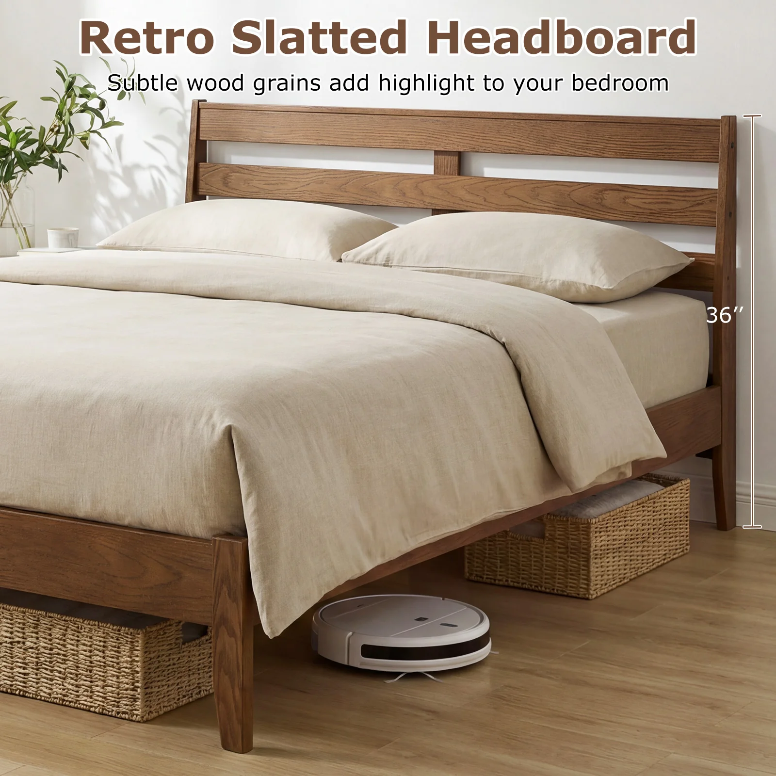 Queen Wood Platform Bed Frame, Slat Headboard, Brown - Image 7