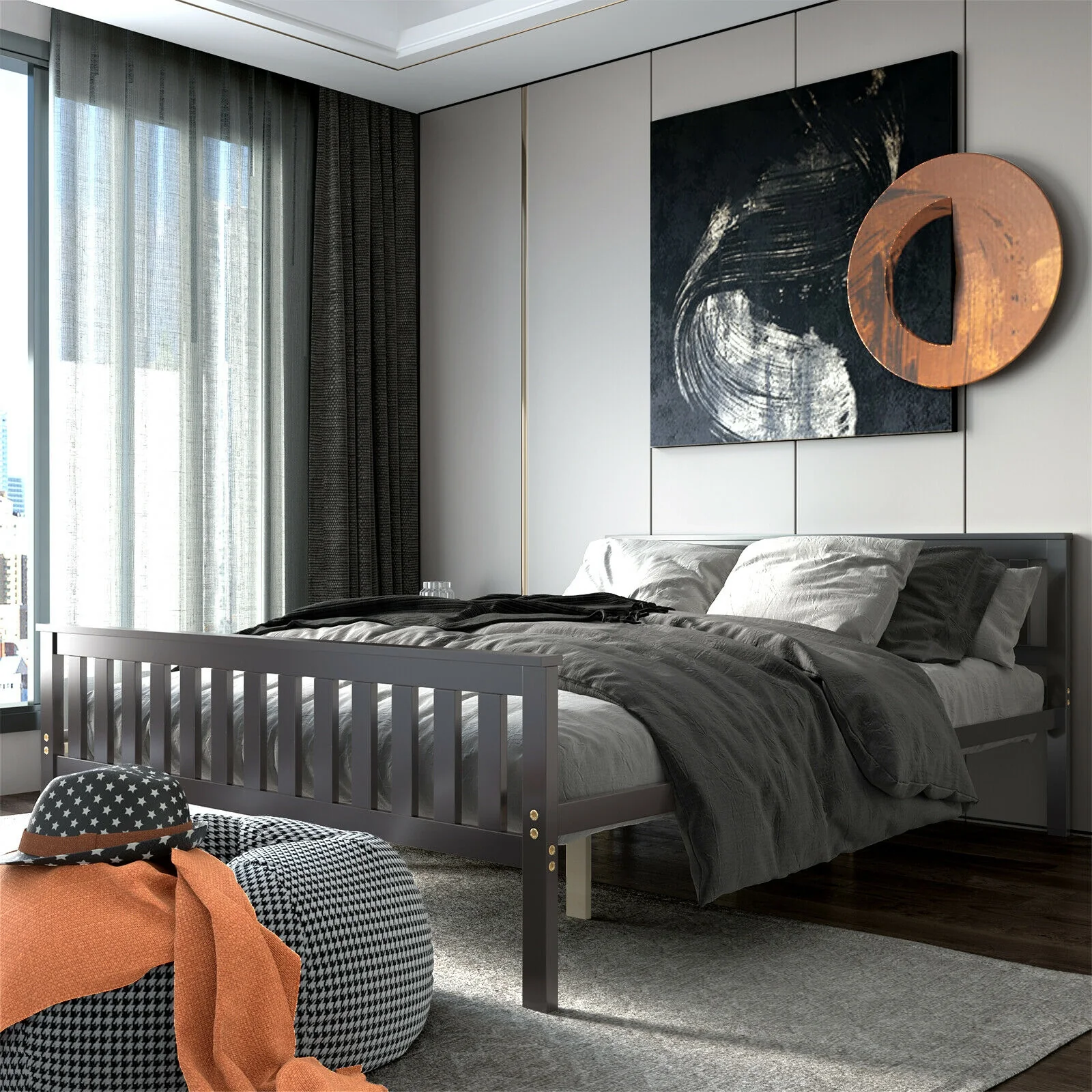 Queen Wood Platform Bed With Headboard, Espresso - Image 2