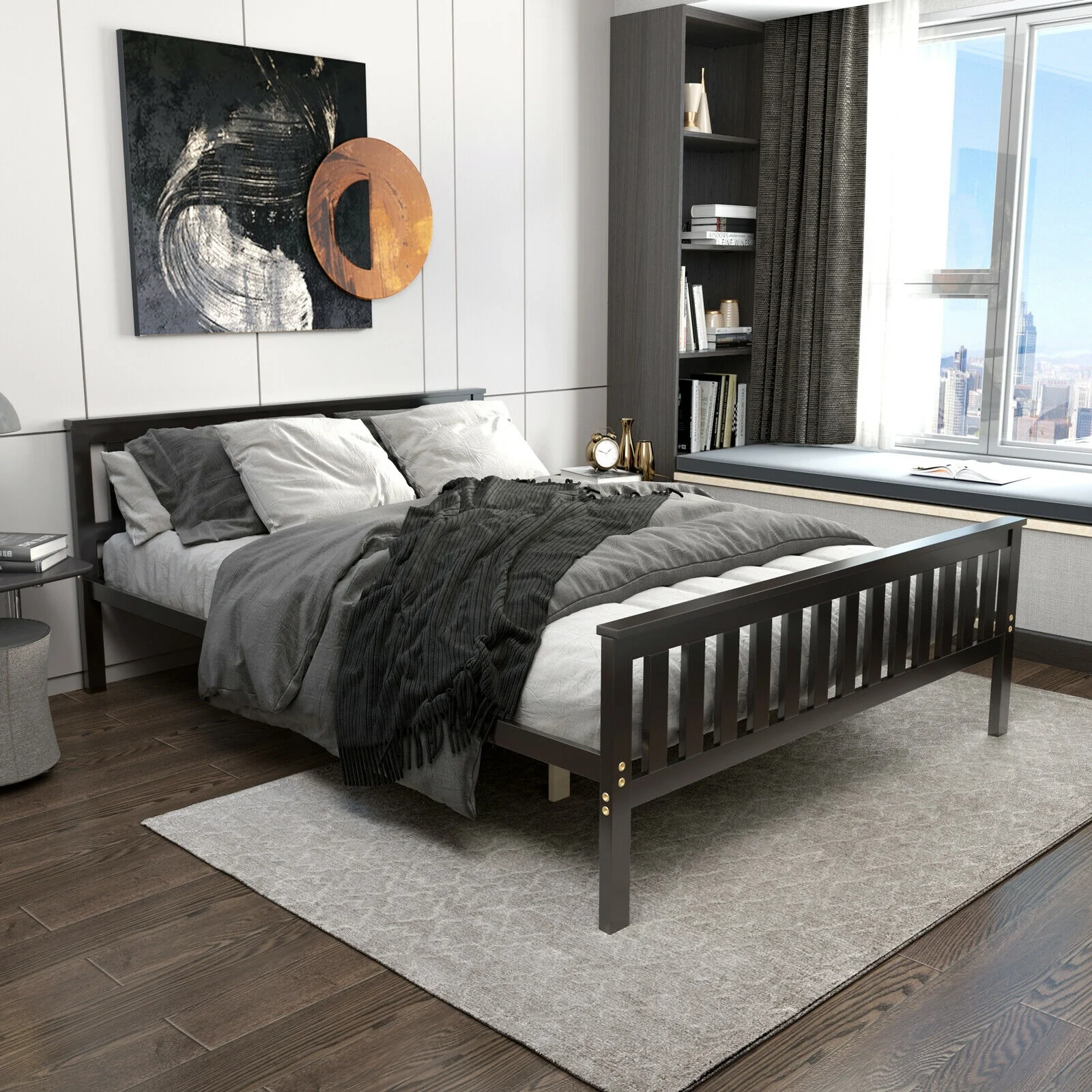 Queen Wood Platform Bed With Headboard, Espresso - Image 7