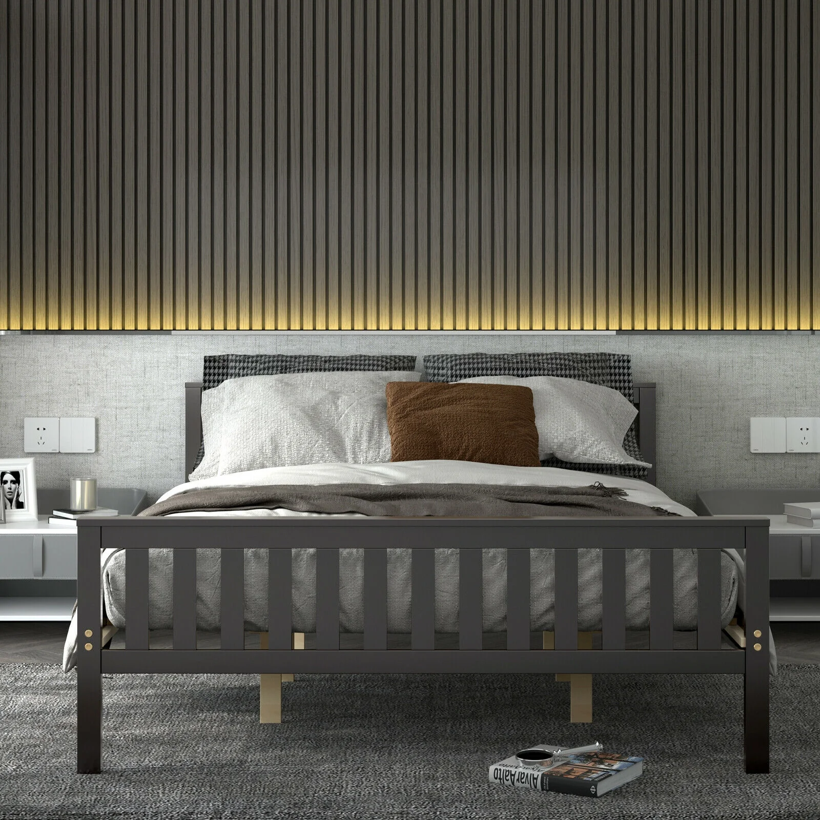 Queen Wood Platform Bed With Headboard, Espresso - Image 8