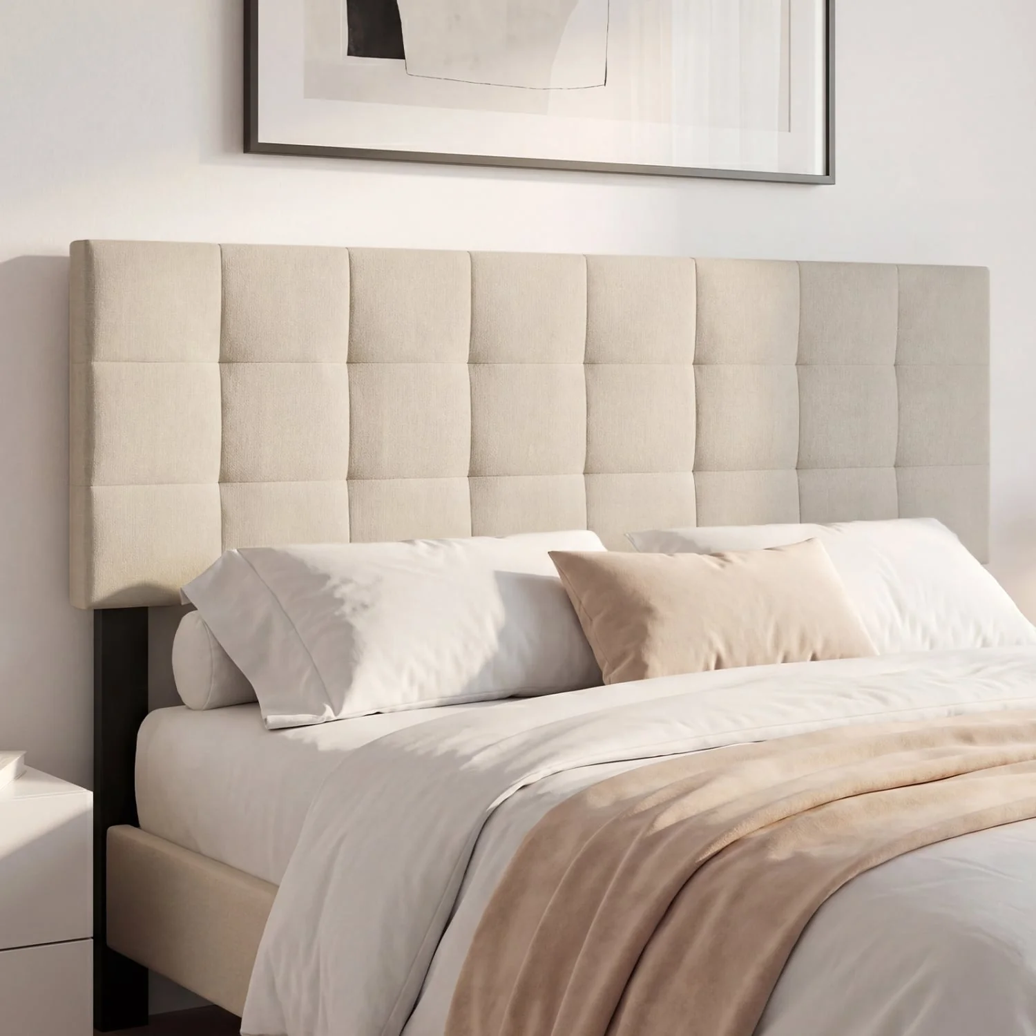 Quilted Grid Linen Headboard, Queen/Full, Beige - Image 2
