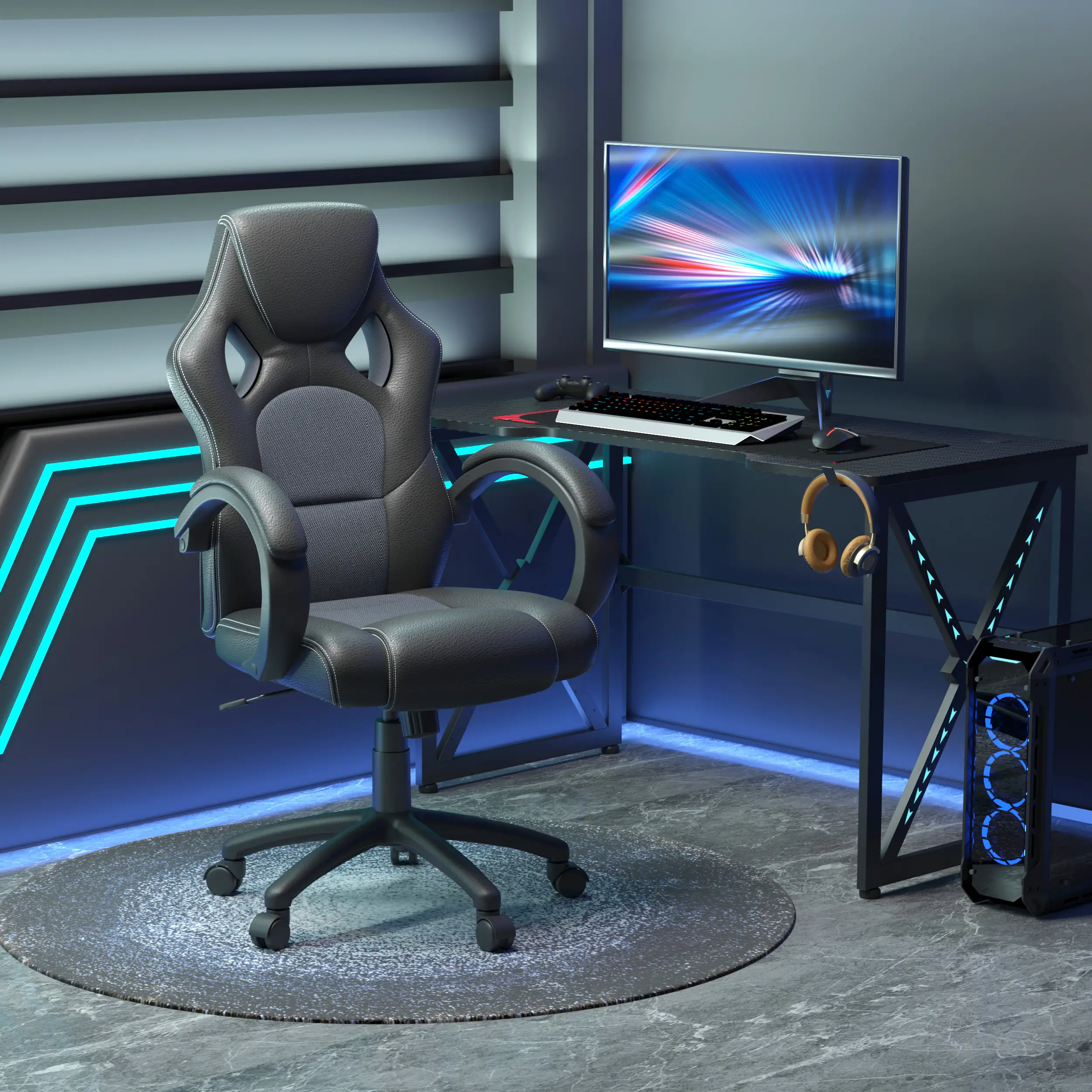 Racing Gaming Chair, Swivel Wheels, Padded Headrest, Tilt Function, Grey - Image 2