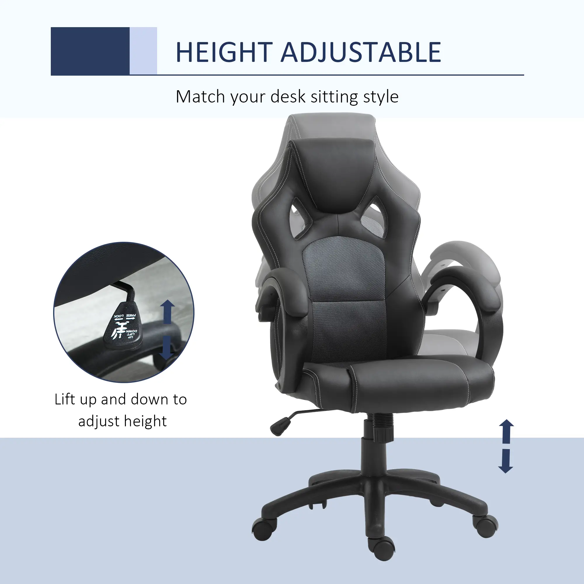 Racing Gaming Chair, Swivel Wheels, Padded Headrest, Tilt Function, Grey - Image 4