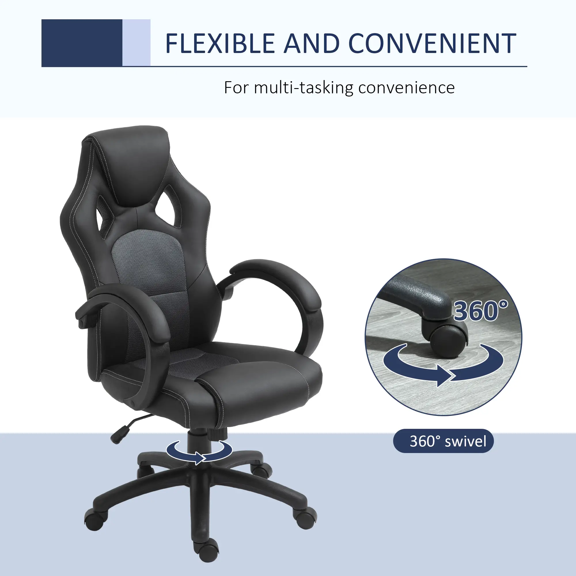 Racing Gaming Chair, Swivel Wheels, Padded Headrest, Tilt Function, Grey - Image 6