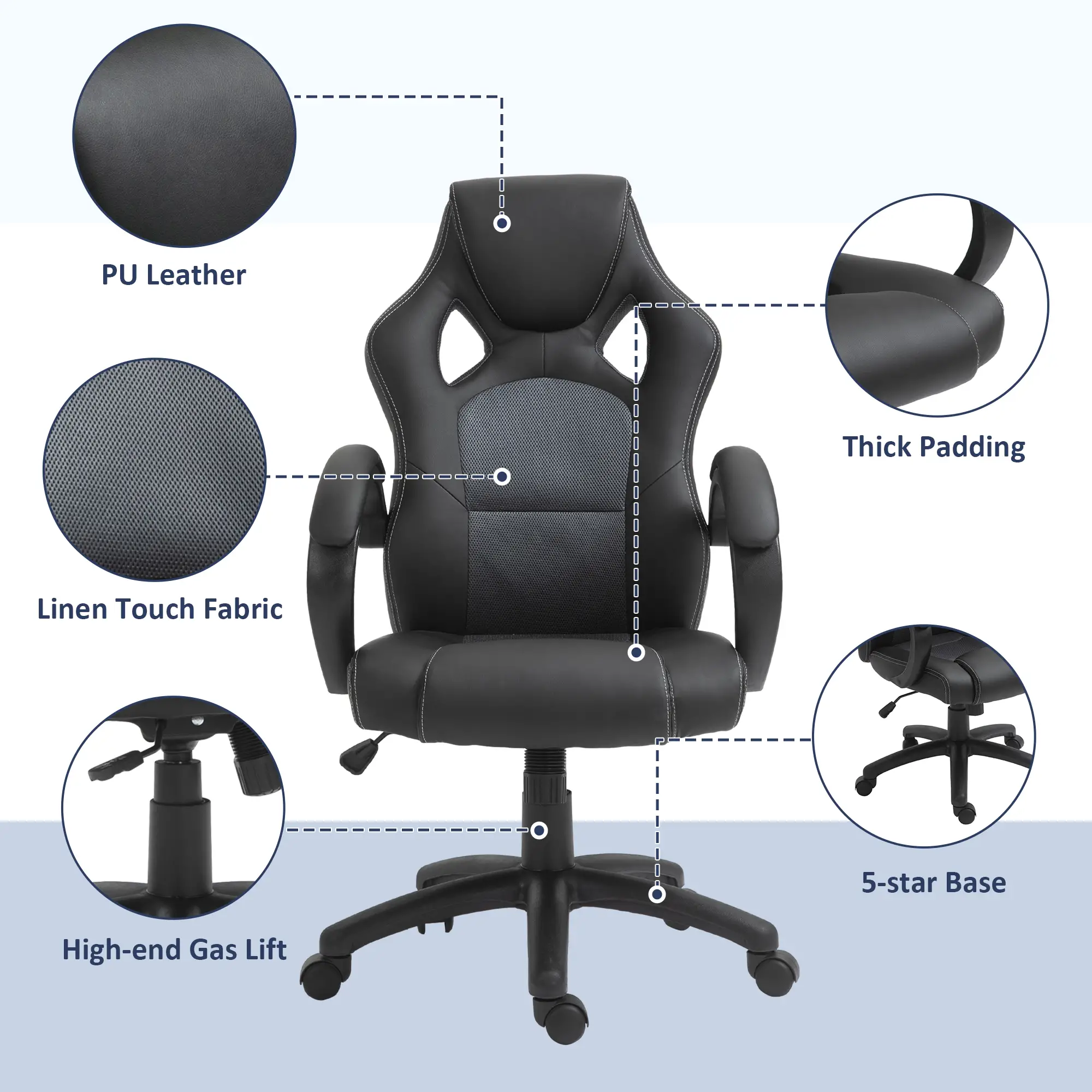 Racing Gaming Chair, Swivel Wheels, Padded Headrest, Tilt Function, Grey - Image 7