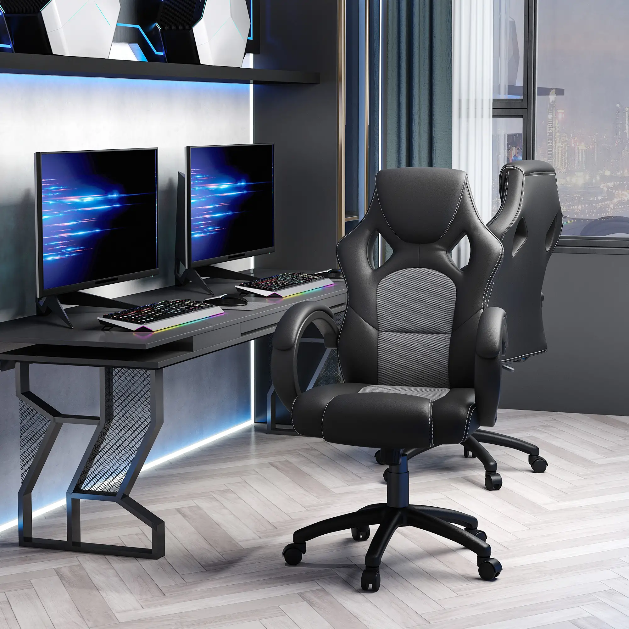 Racing Gaming Chair, Swivel Wheels, Padded Headrest, Tilt Function, Grey - Image 8