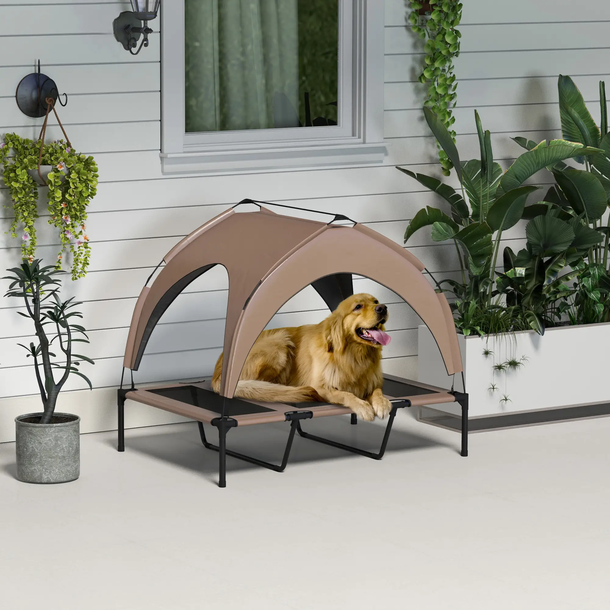 Raised Dog Bed, Cooling Cot with Canopy, Washable Mesh, Large, Coffee - Image 8