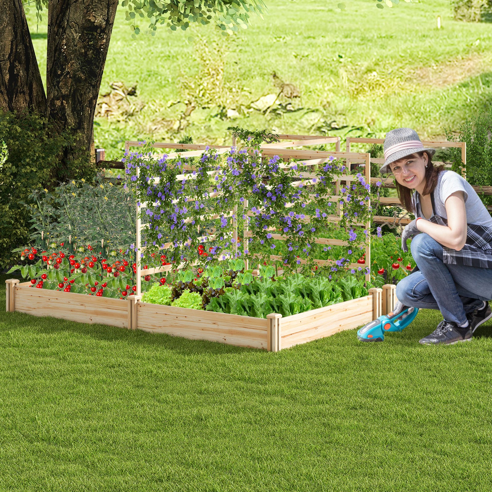 Raised Garden Bed, 2 Planter Boxes, 3 Trellis, Natural - Image 2