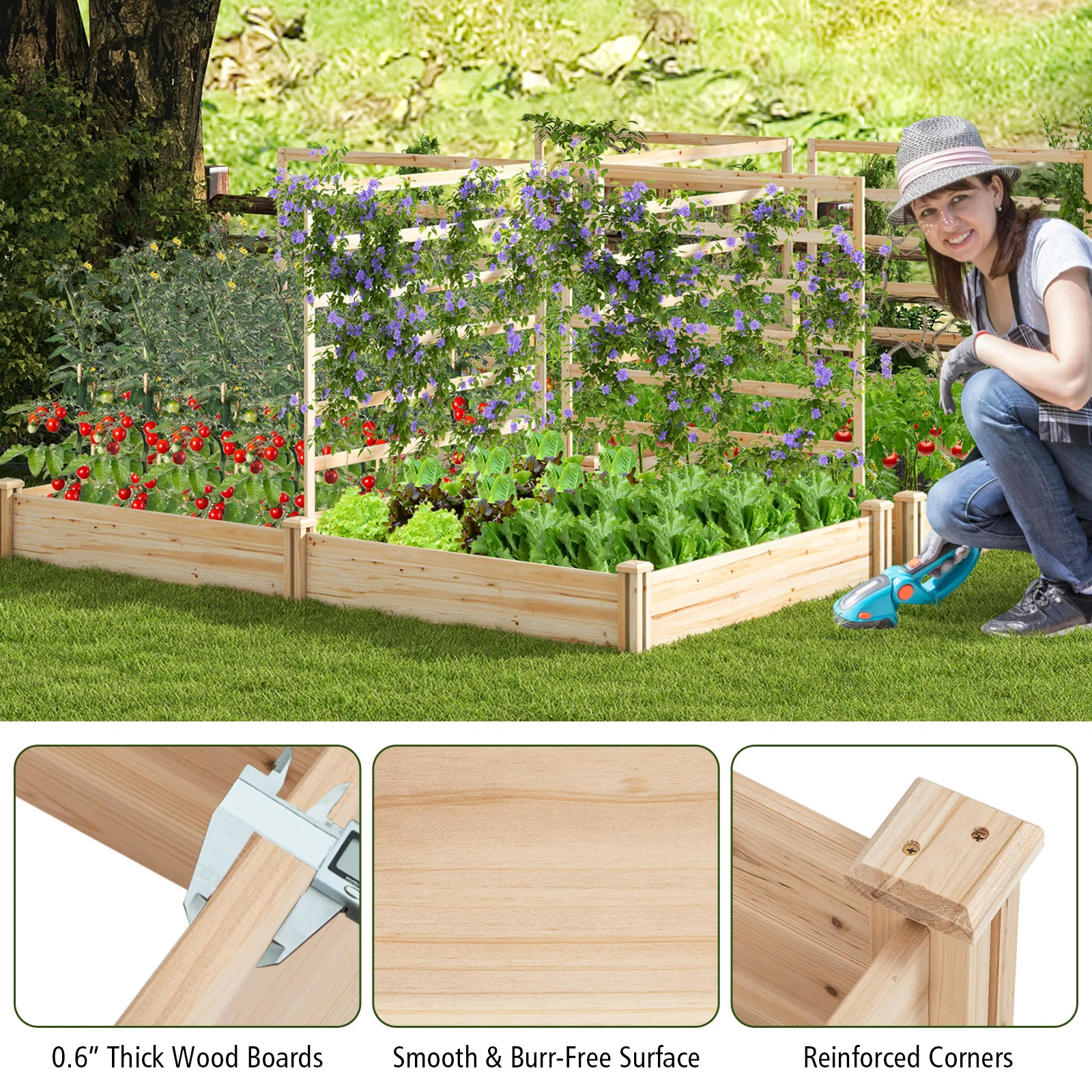 Raised Garden Bed, 2 Planter Boxes, 3 Trellis, Natural - Image 7