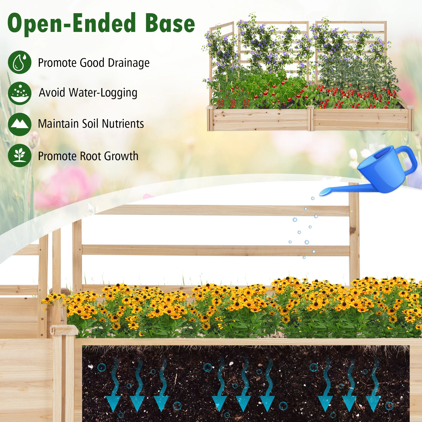 Raised Garden Bed, 2 Planter Boxes, 3 Trellis, Natural - Image 9
