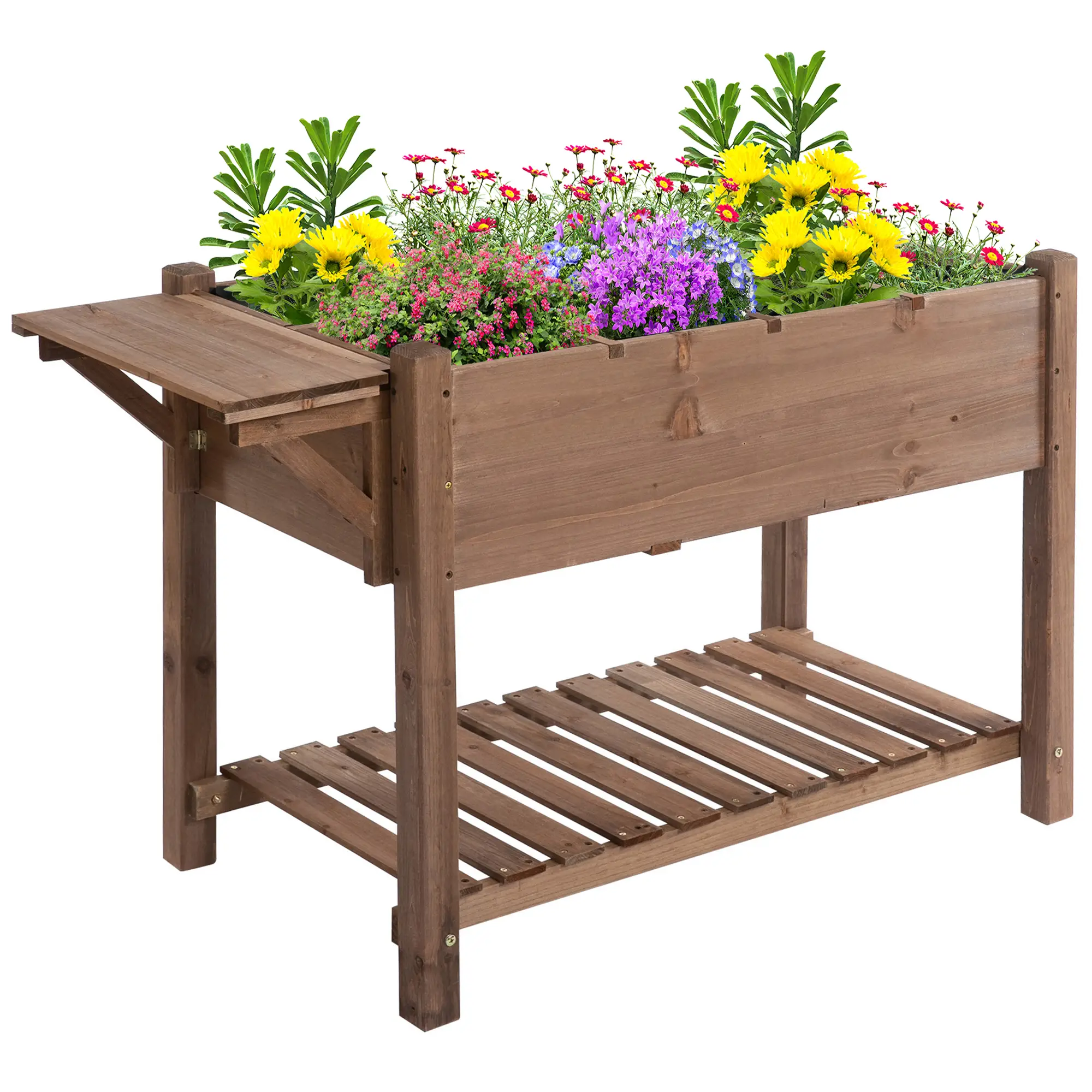 Raised Garden Bed, 8 Grids with Storage Shelf, Elevated Planter Box, Brown