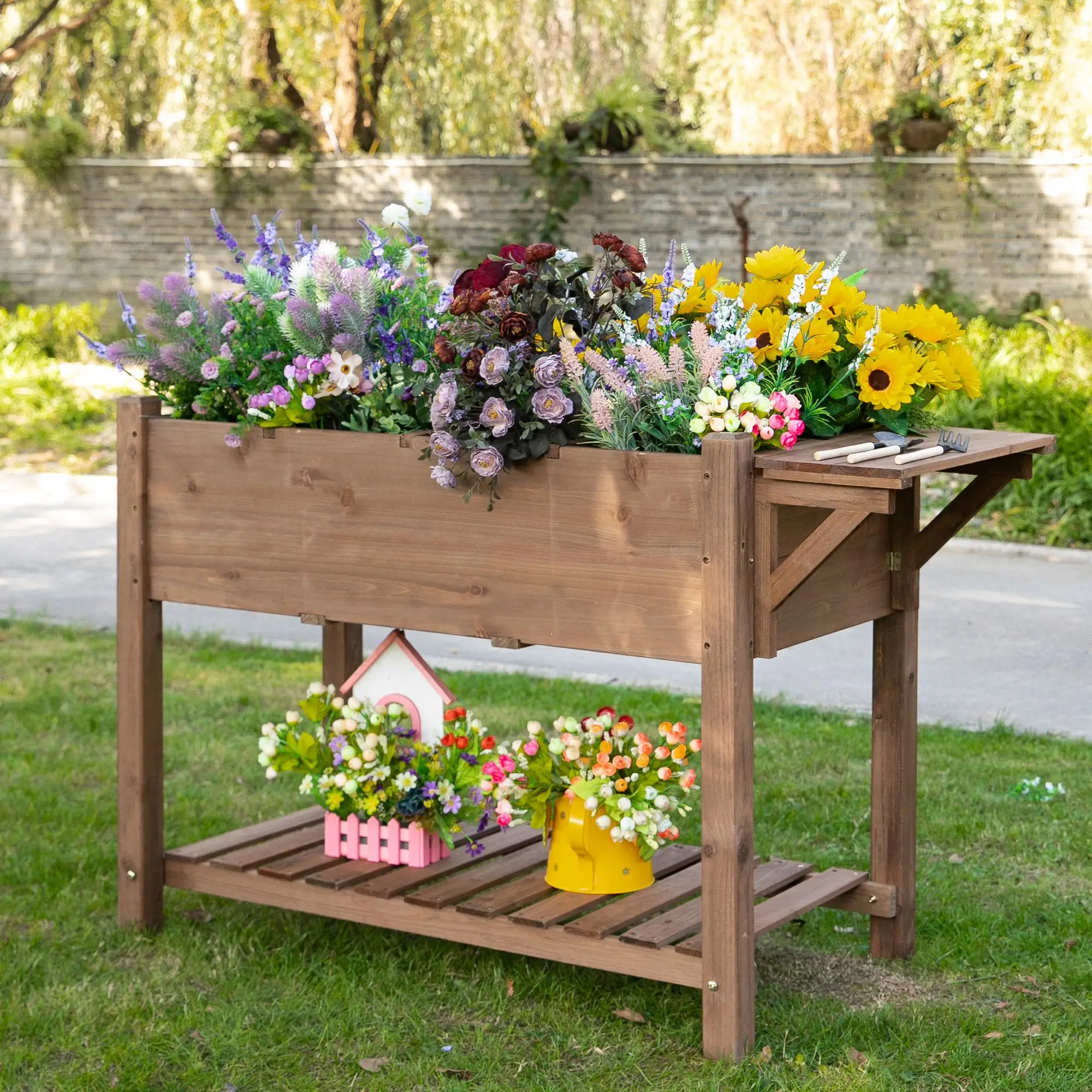Raised Garden Bed, 8 Grids with Storage Shelf, Elevated Planter Box, Brown - Image 2