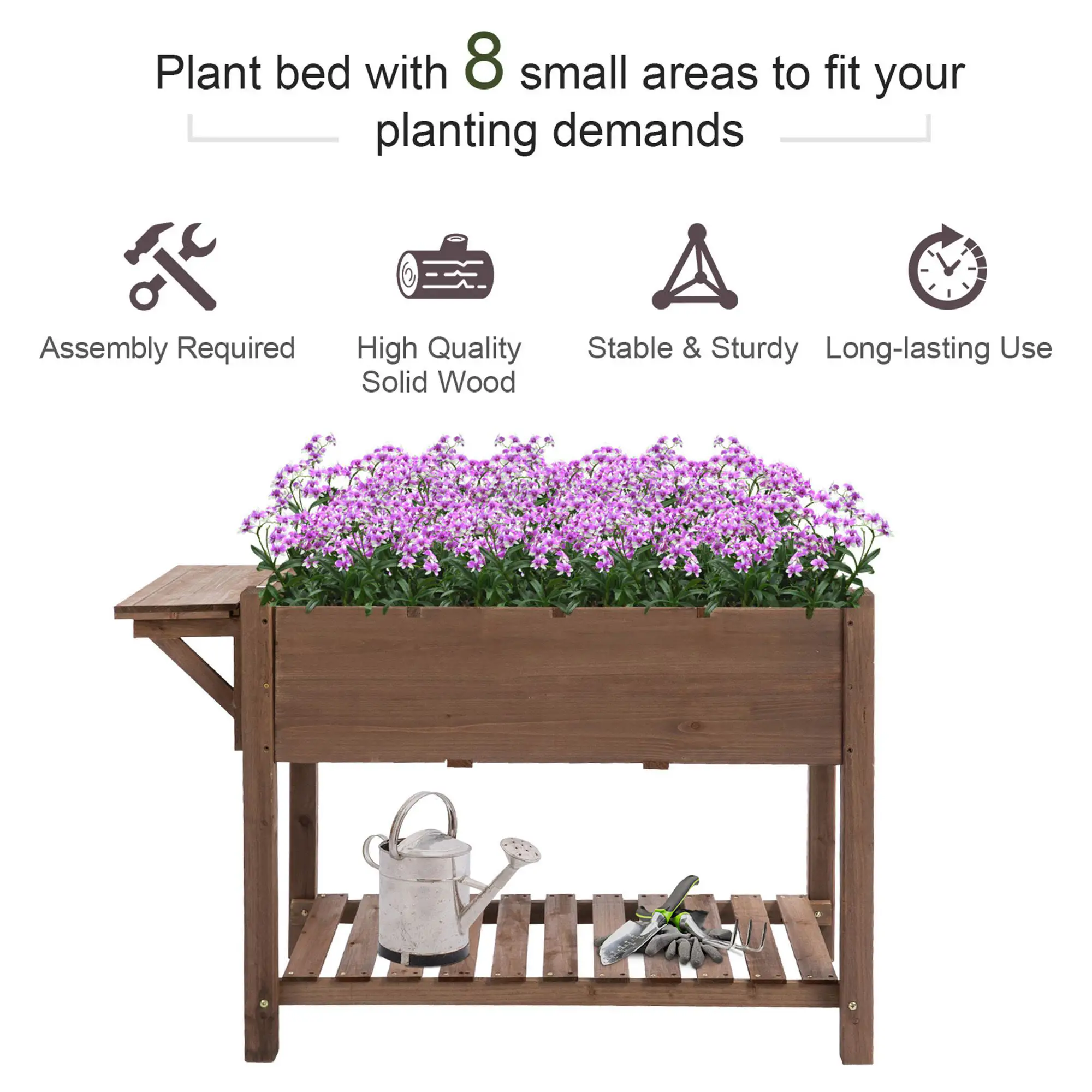 Raised Garden Bed, 8 Grids with Storage Shelf, Elevated Planter Box, Brown - Image 4
