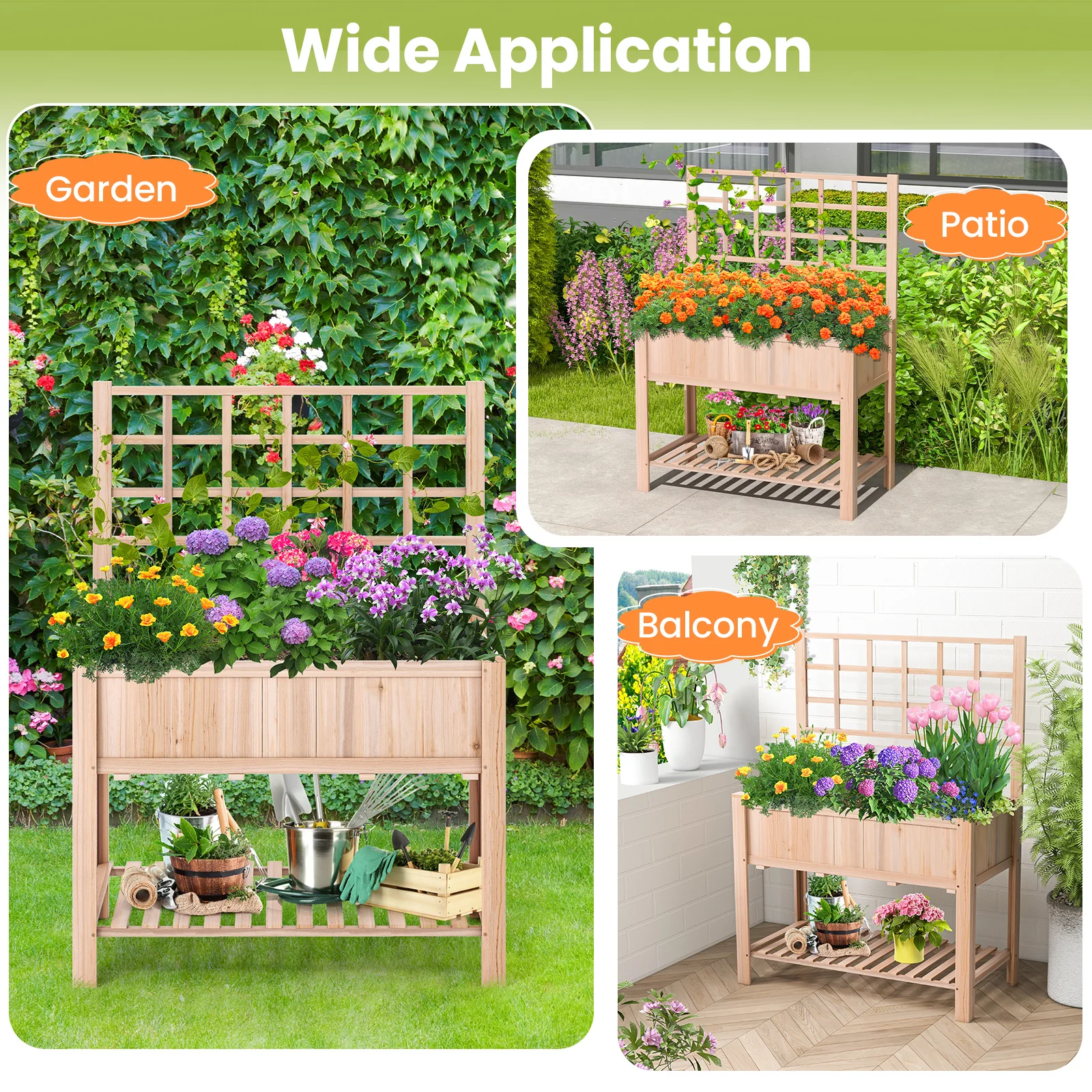 Raised Garden Bed, Elevated Wooden Planter Box With Trellis, Natural - Image 10