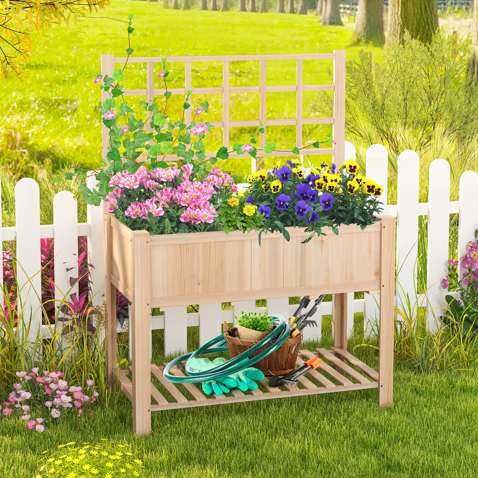 Raised Garden Bed, Elevated Wooden Planter Box With Trellis, Natural - Image 2