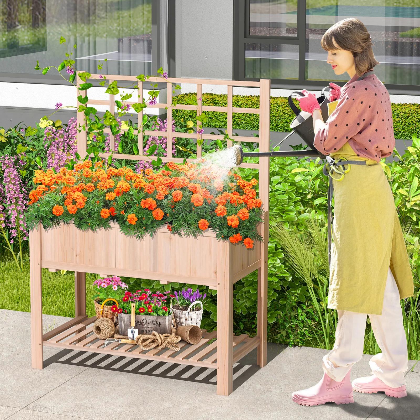 Raised Garden Bed, Elevated Wooden Planter Box With Trellis, Natural - Image 3