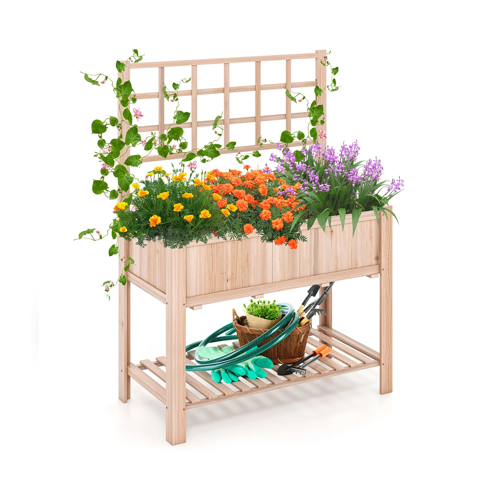 Raised Garden Bed, Elevated Wooden Planter Box With Trellis, Natural - Image 4