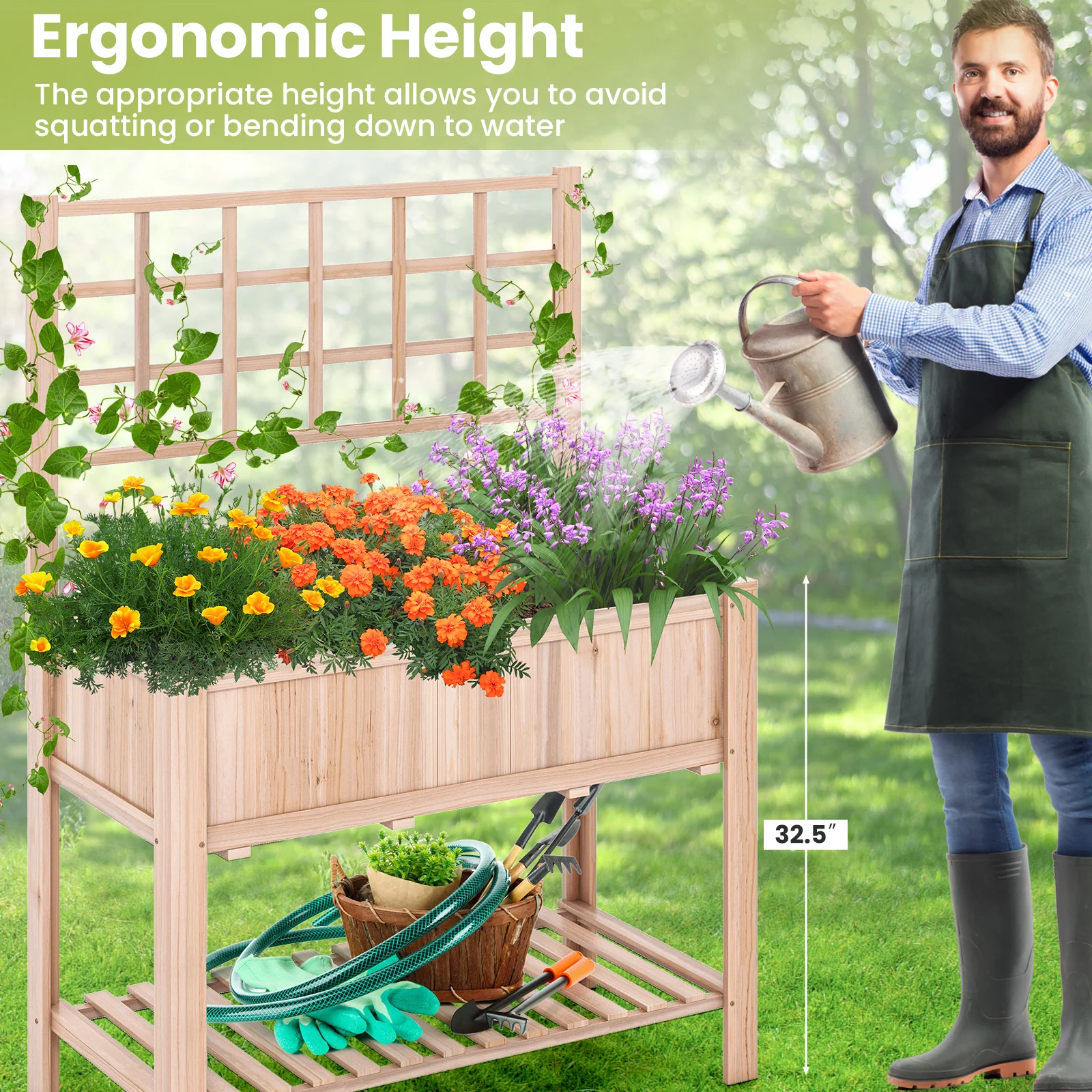 Raised Garden Bed, Elevated Wooden Planter Box With Trellis, Natural - Image 7