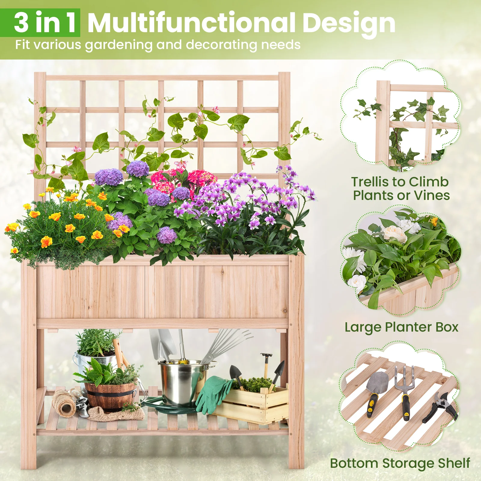 Raised Garden Bed, Elevated Wooden Planter Box With Trellis, Natural - Image 8