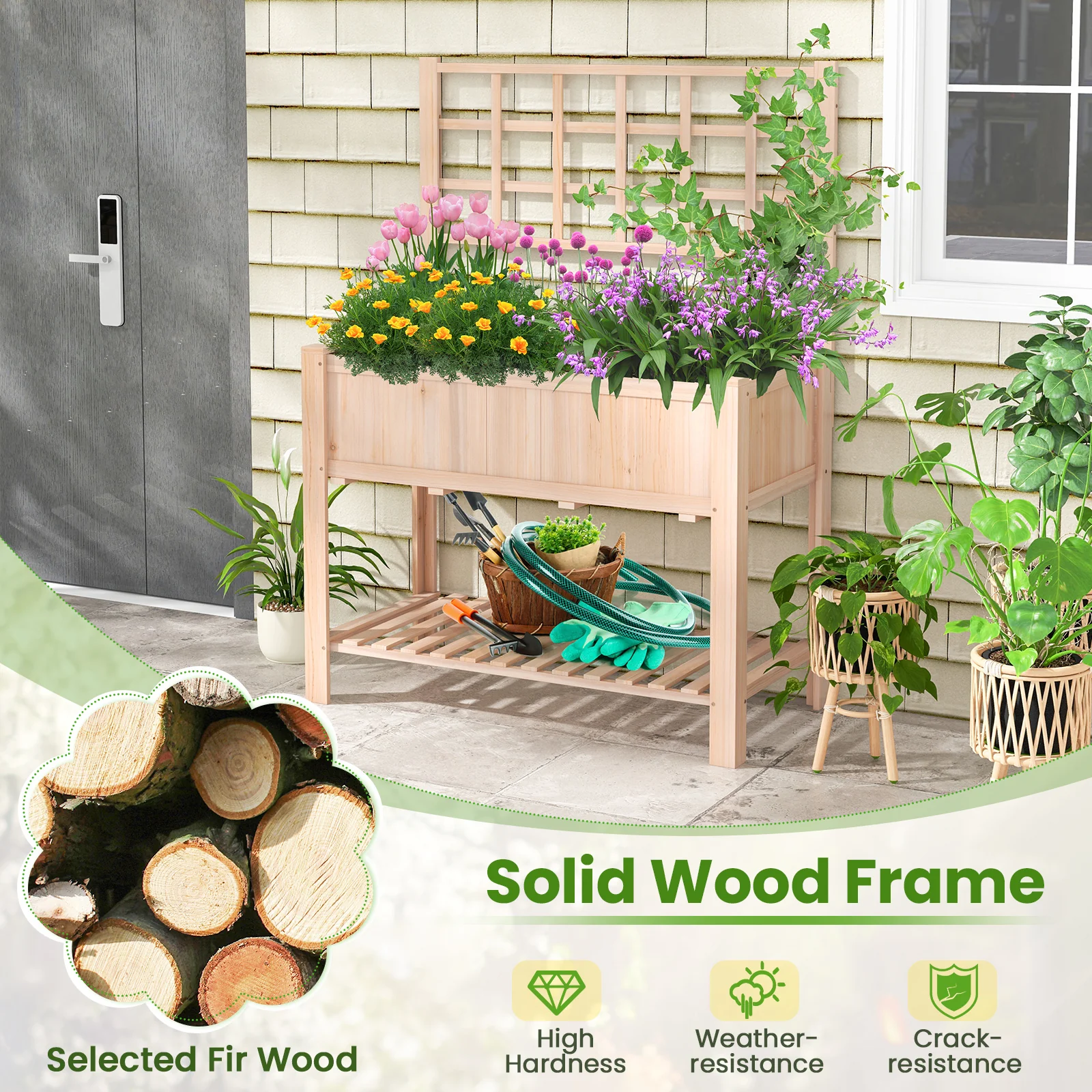 Raised Garden Bed, Elevated Wooden Planter Box With Trellis, Natural - Image 9