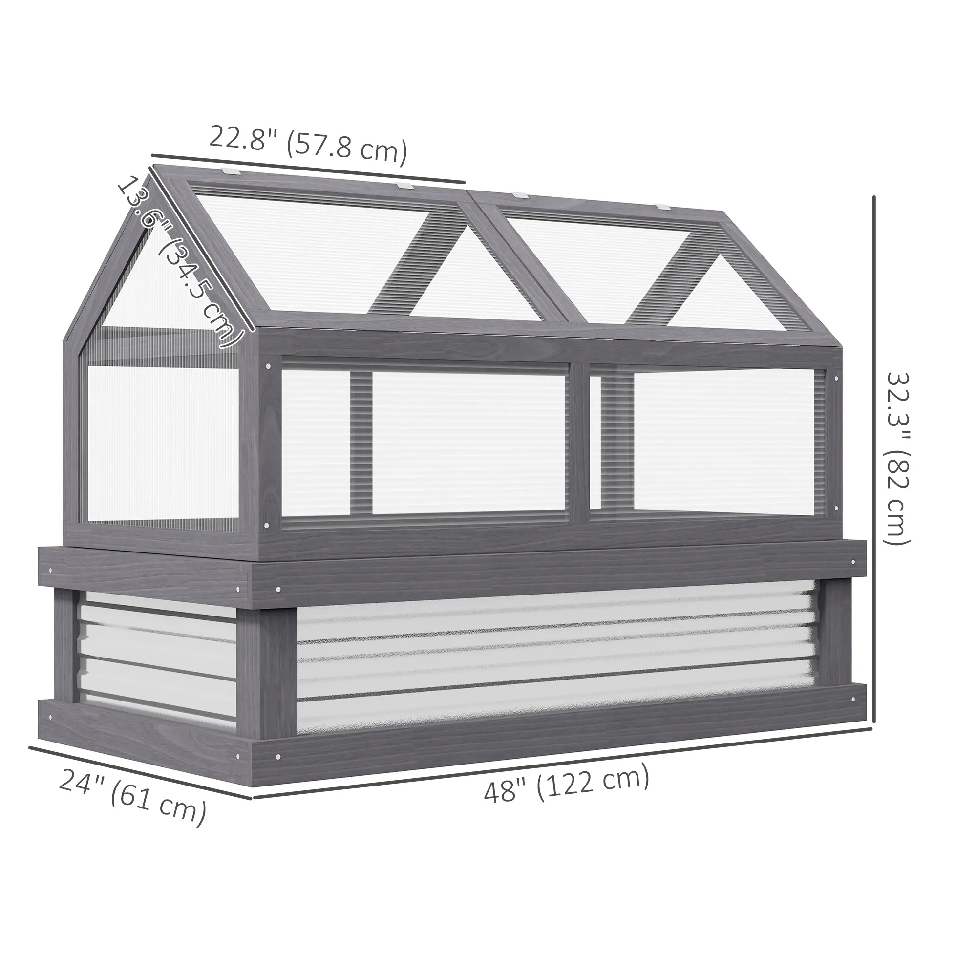 Raised Garden Bed Kit With Greenhouse, Wooden Cold Frame Planter, 48" x 24" x 32", Grey - Image 3