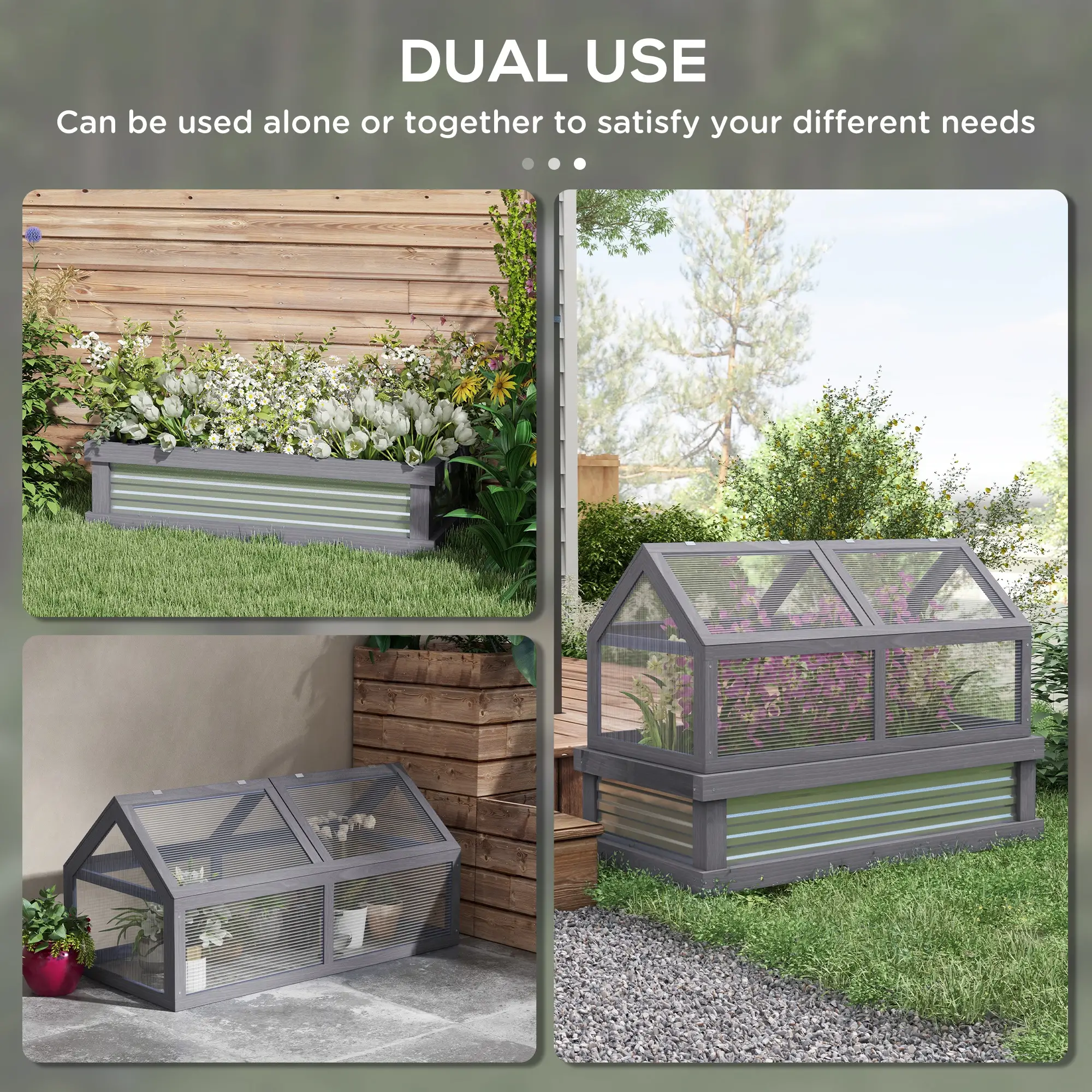 Raised Garden Bed Kit With Greenhouse, Wooden Cold Frame Planter, 48" x 24" x 32", Grey - Image 4
