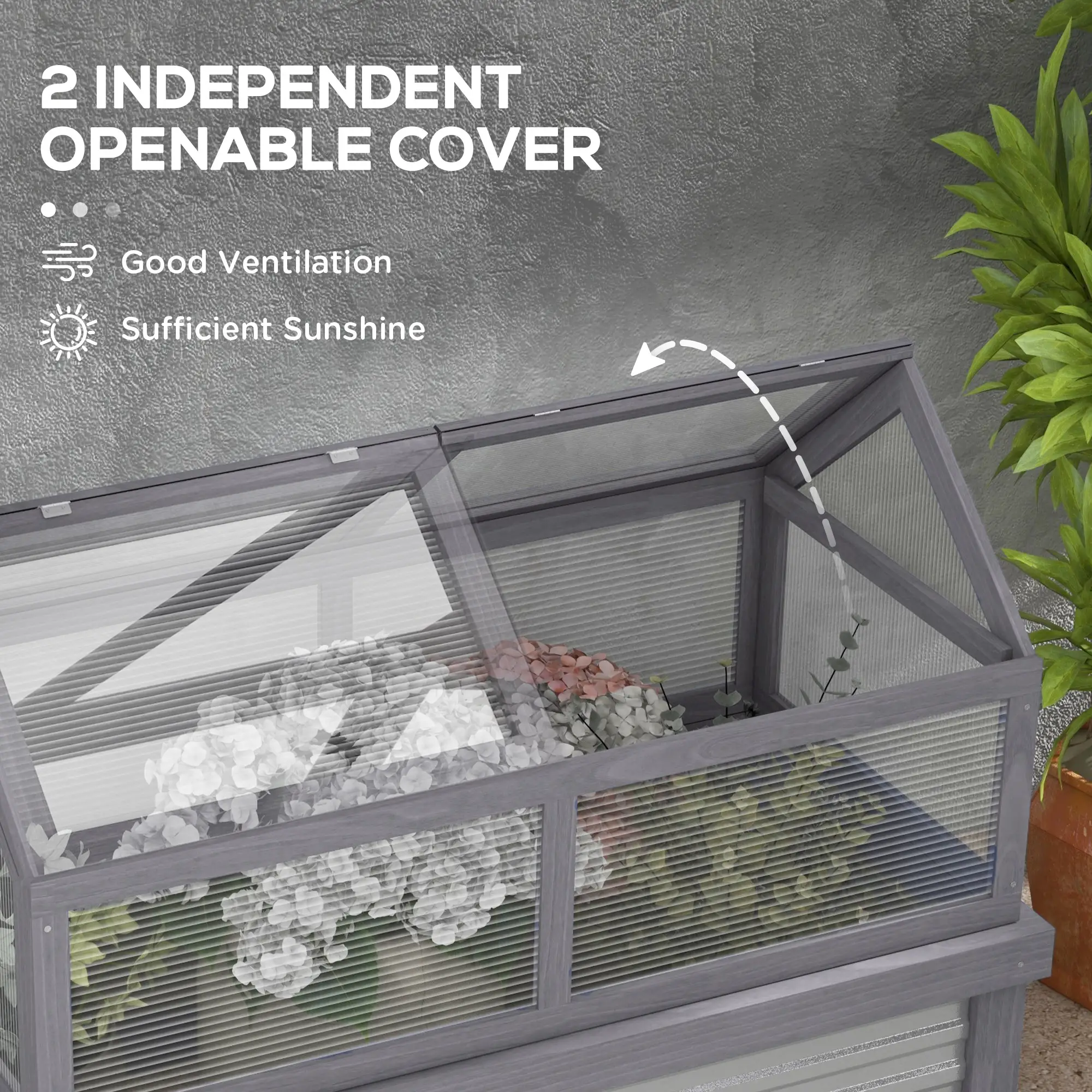 Raised Garden Bed Kit With Greenhouse, Wooden Cold Frame Planter, 48" x 24" x 32", Grey - Image 7