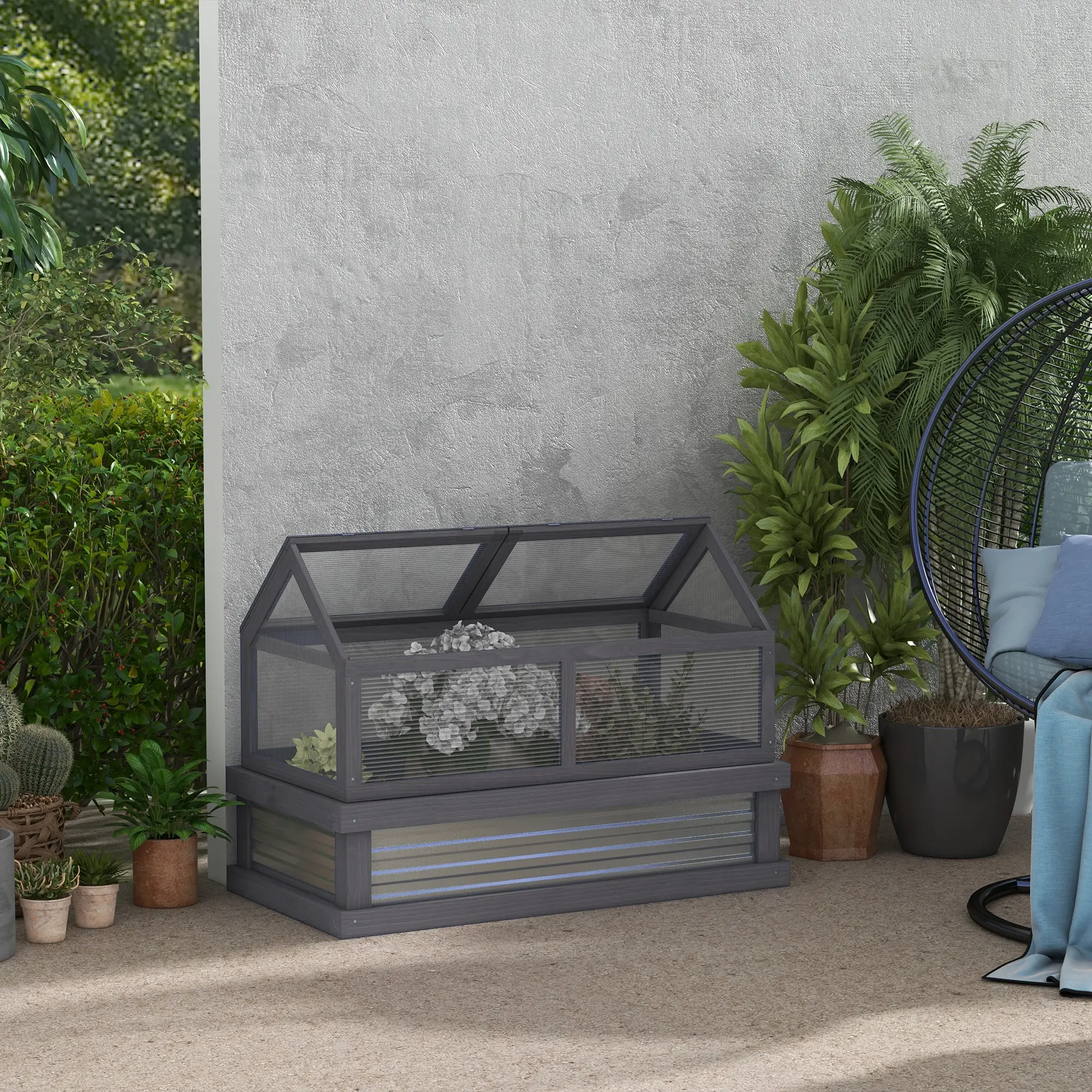 Raised Garden Bed Kit With Greenhouse, Wooden Cold Frame Planter, 48" x 24" x 32", Grey - Image 8