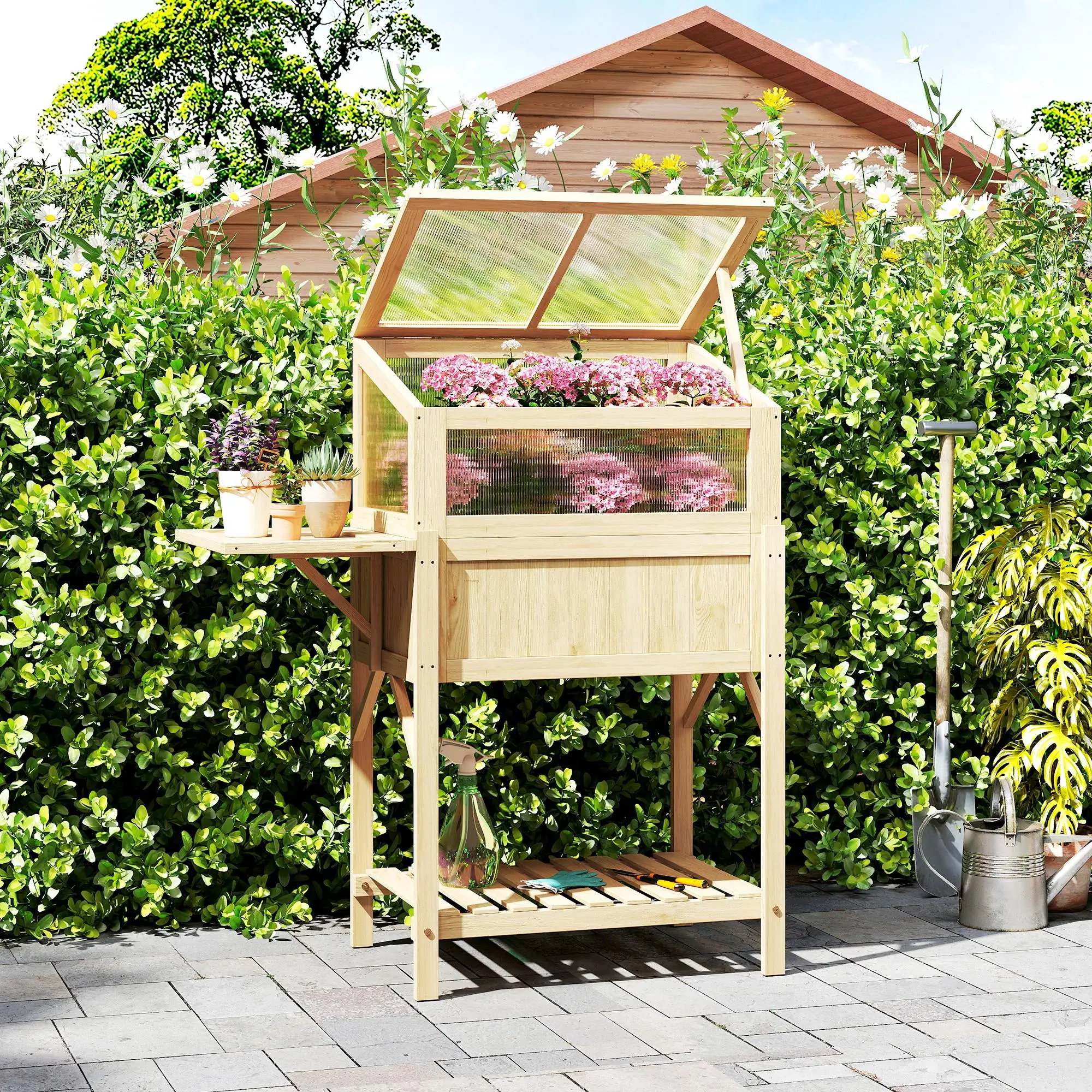 Raised Garden Bed Planter With Cold Frame, Wooden Elevated Planter Box With Folding Side Table And Shelf, Natural Wood - Image 10