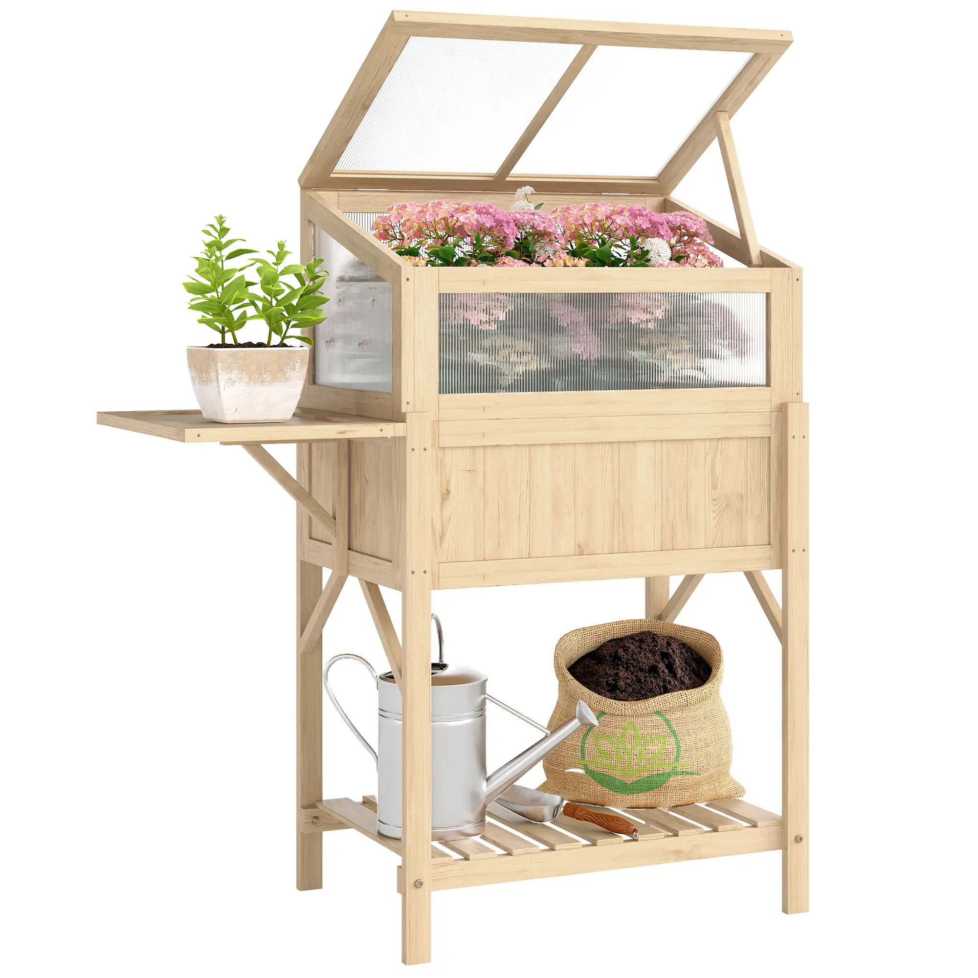 Raised Garden Bed Planter With Cold Frame, Wooden Elevated Planter Box With Folding Side Table And Shelf, Natural Wood - Image 11