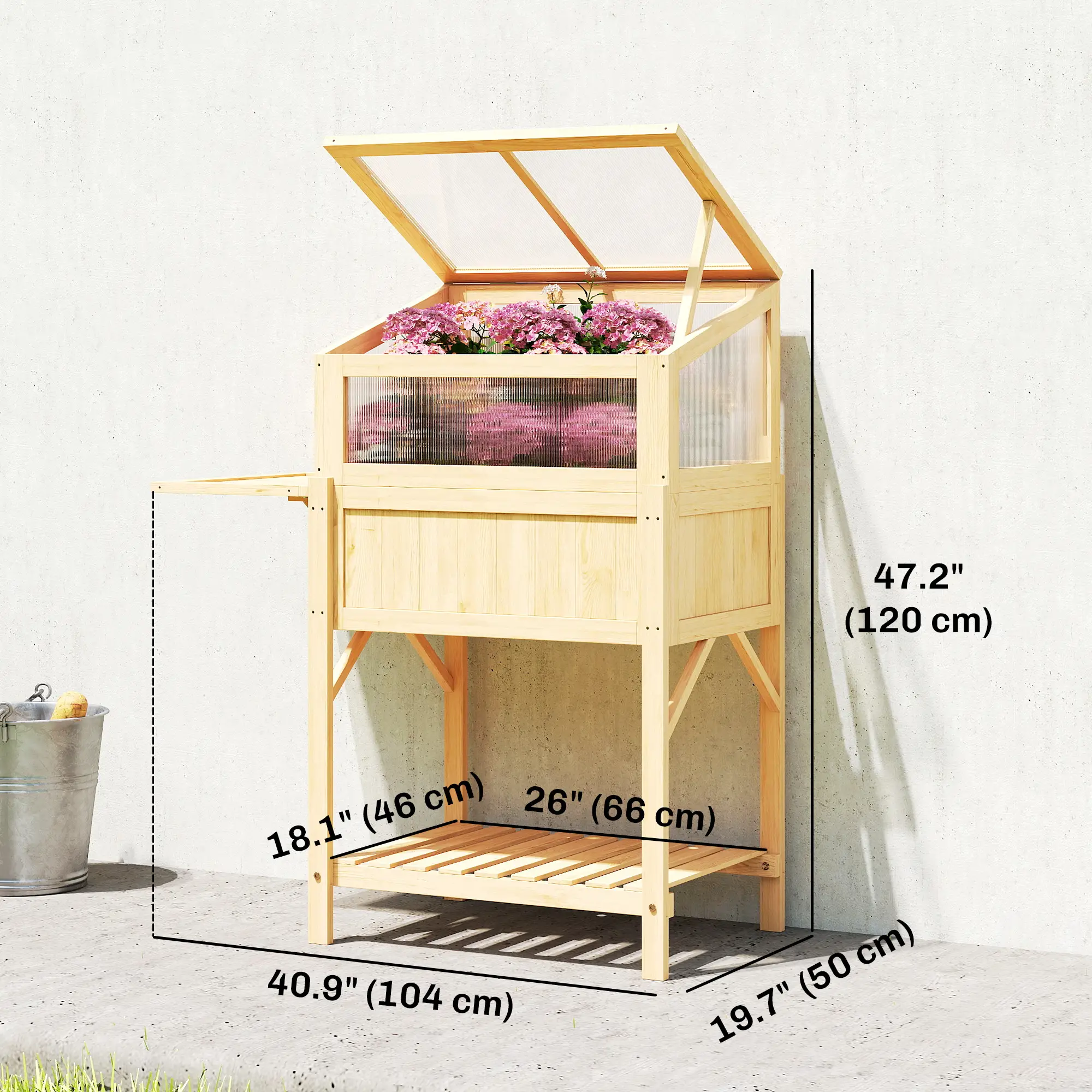 Raised Garden Bed Planter With Cold Frame, Wooden Elevated Planter Box With Folding Side Table And Shelf, Natural Wood - Image 3