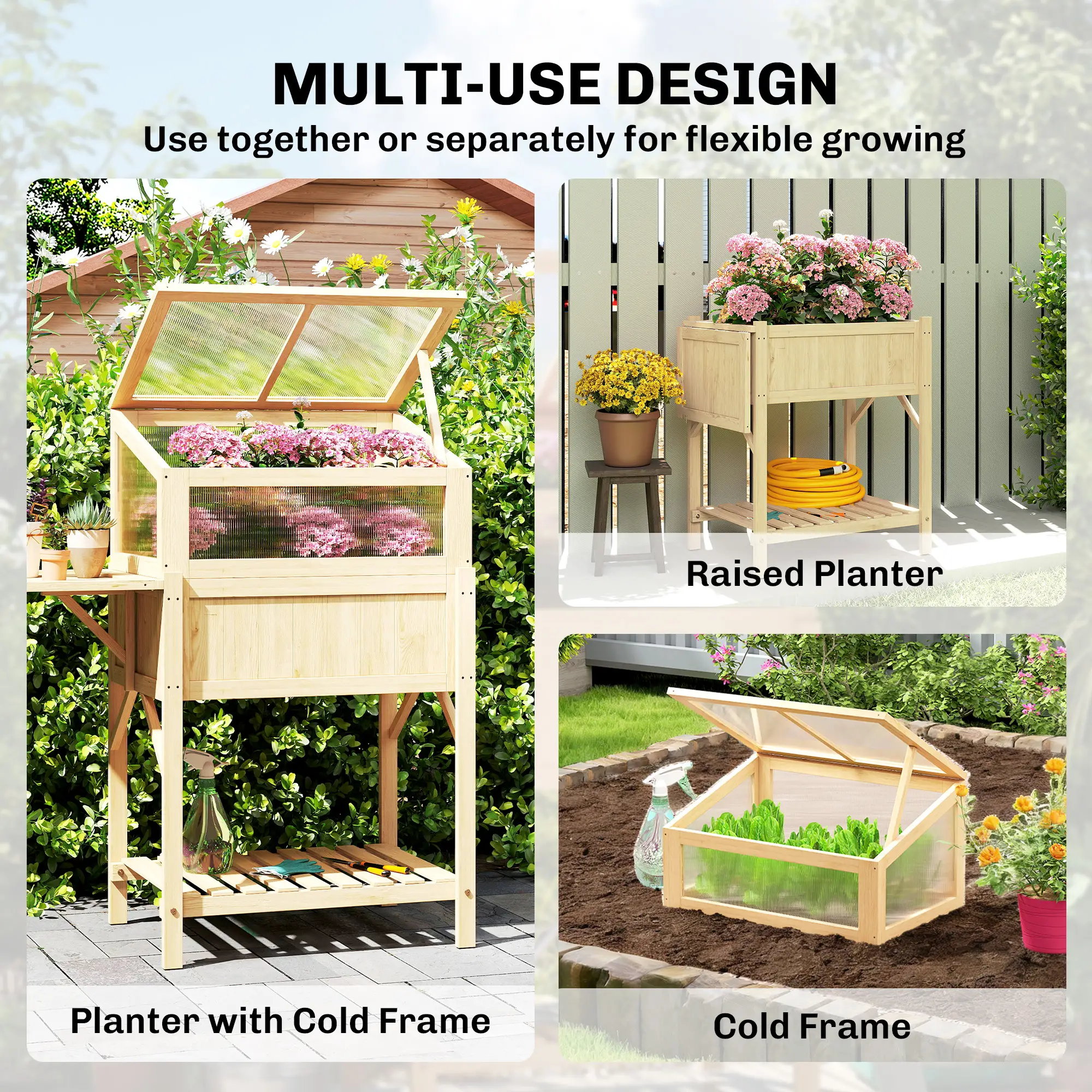 Raised Garden Bed Planter With Cold Frame, Wooden Elevated Planter Box With Folding Side Table And Shelf, Natural Wood - Image 4