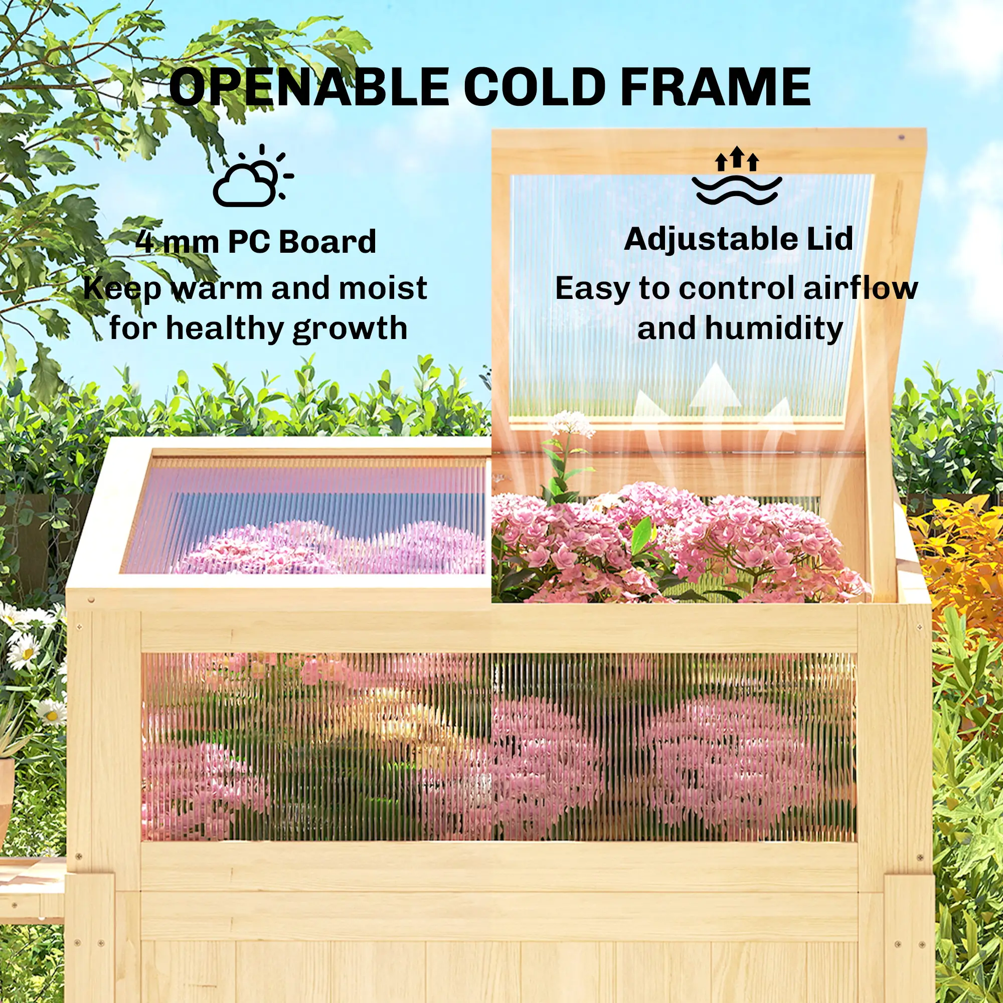 Raised Garden Bed Planter With Cold Frame, Wooden Elevated Planter Box With Folding Side Table And Shelf, Natural Wood - Image 5