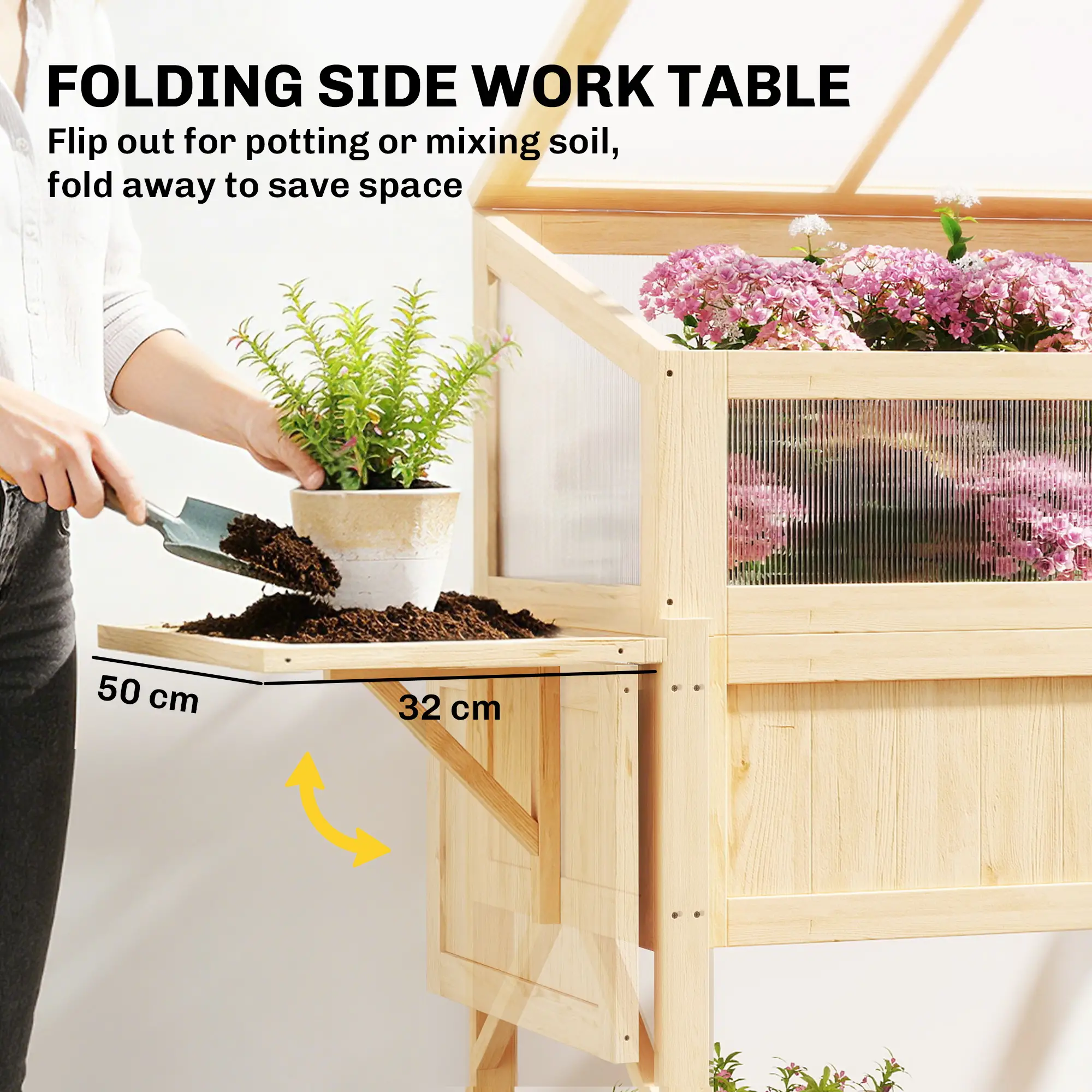 Raised Garden Bed Planter With Cold Frame, Wooden Elevated Planter Box With Folding Side Table And Shelf, Natural Wood - Image 6