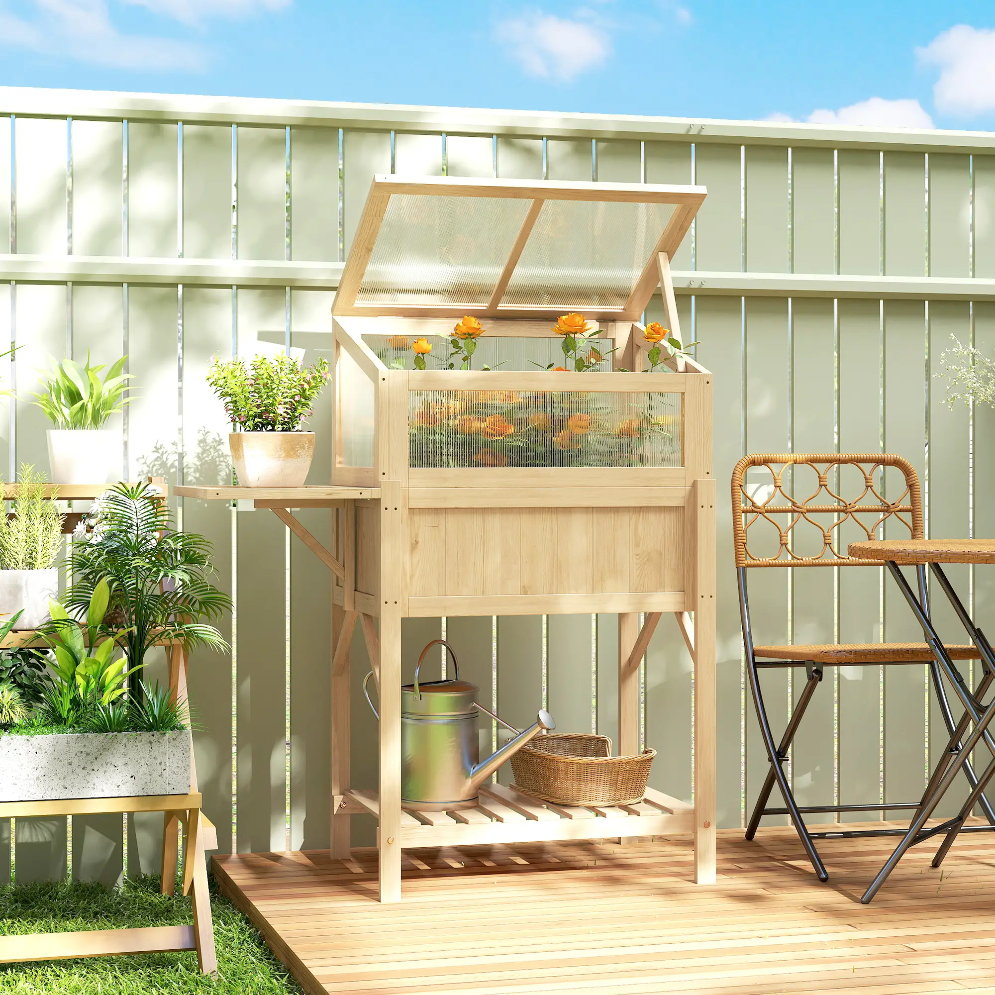 Raised Garden Bed Planter With Cold Frame, Wooden Elevated Planter Box With Folding Side Table And Shelf, Natural Wood - Image 8