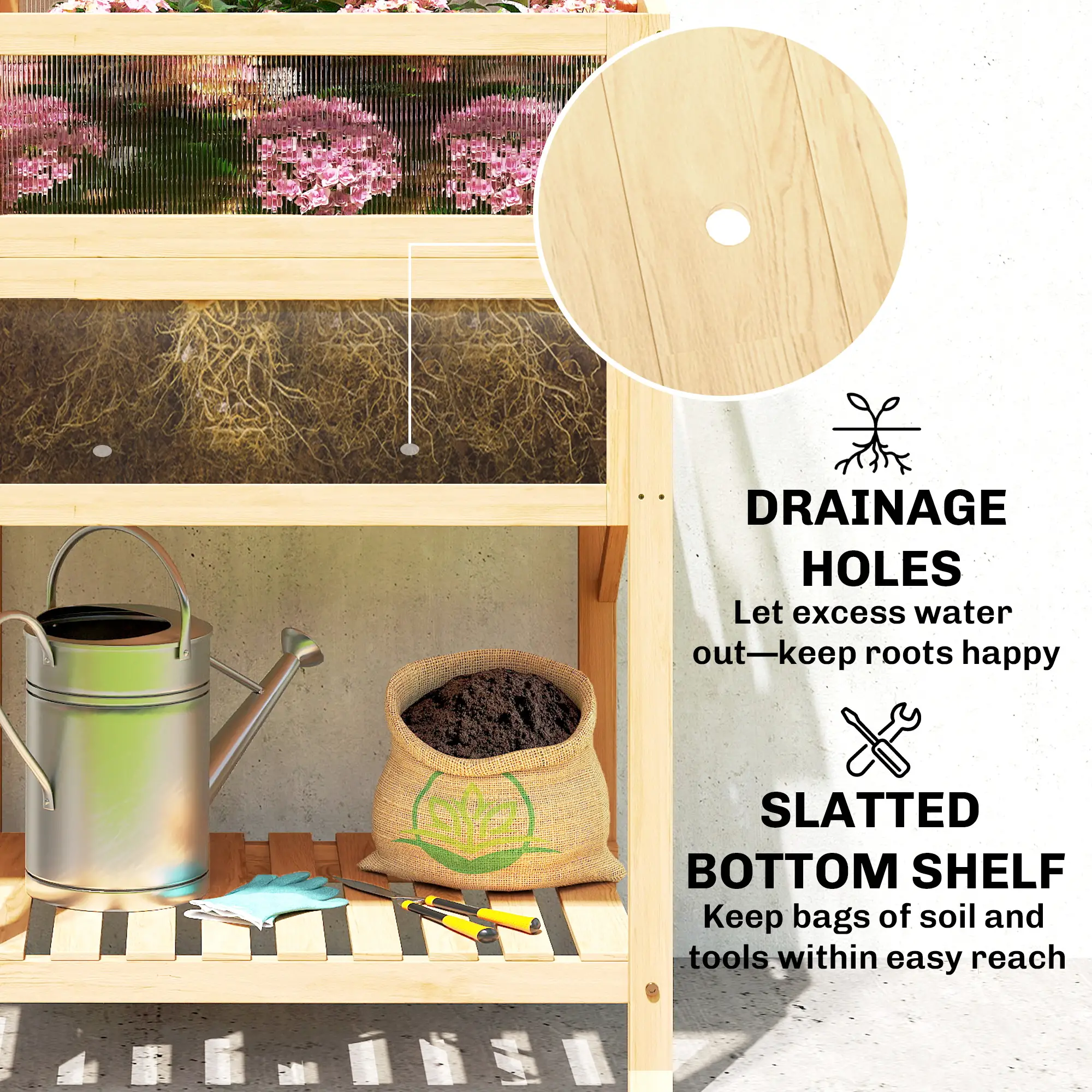 Raised Garden Bed Planter With Cold Frame, Wooden Elevated Planter Box With Folding Side Table And Shelf, Natural Wood - Image 9
