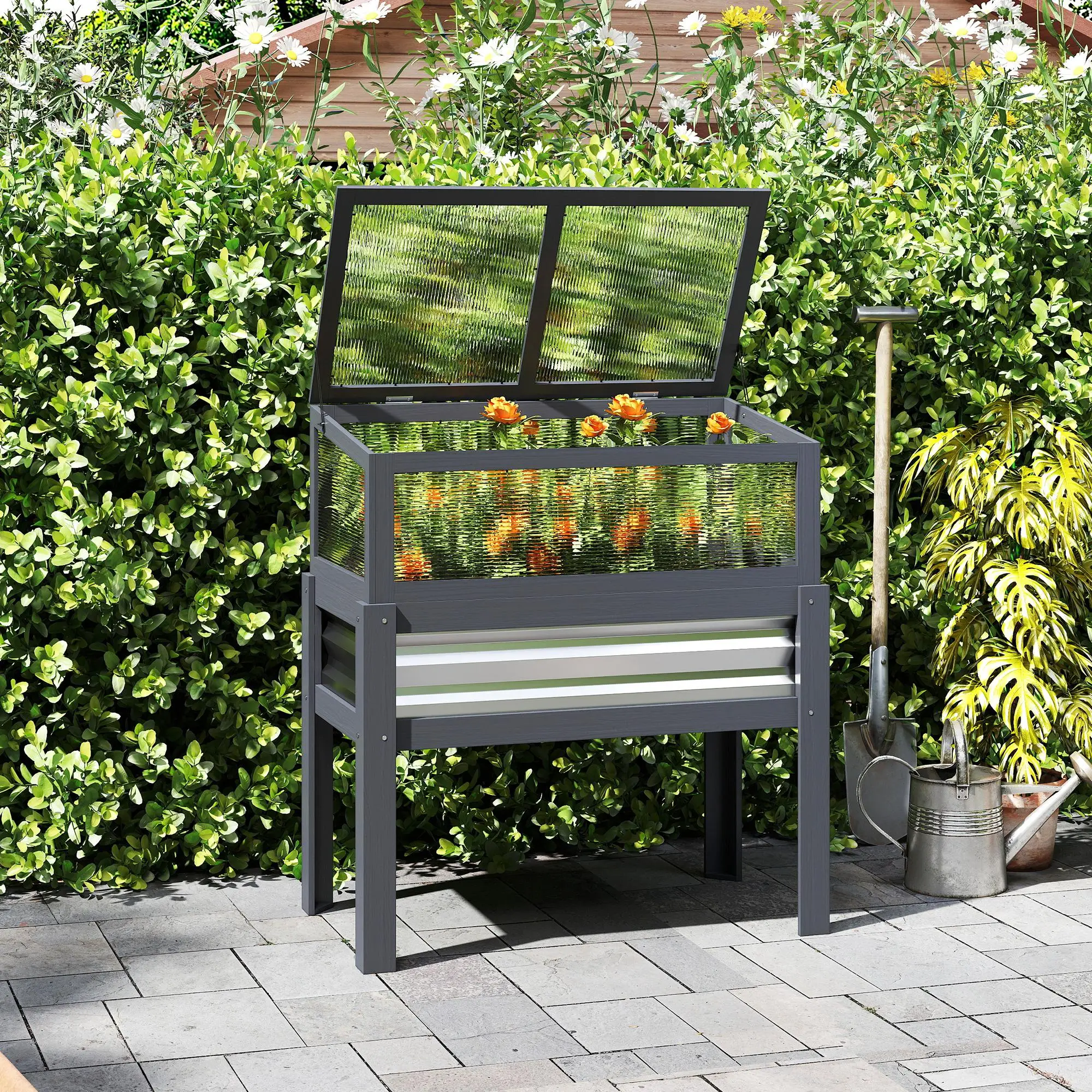 Raised Garden Bed With Greenhouse Top, Wooden Elevated Planter, Grey - Image 10