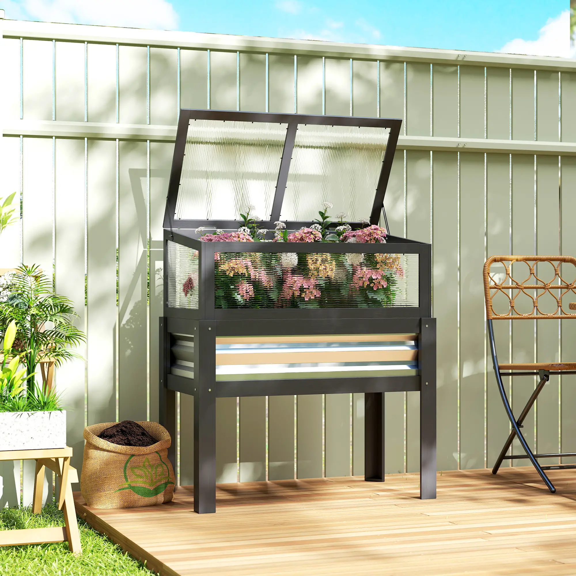 Raised Garden Bed With Greenhouse Top, Wooden Elevated Planter, Grey - Image 2