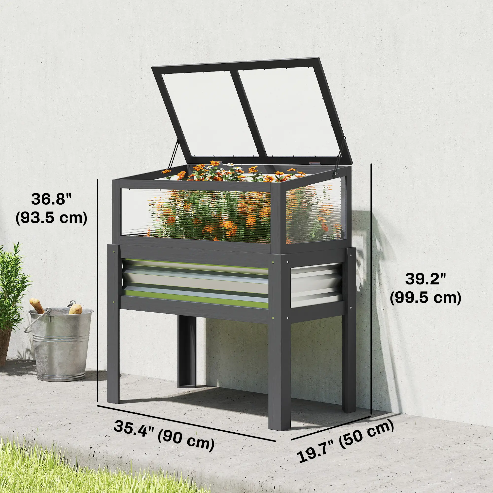 Raised Garden Bed With Greenhouse Top, Wooden Elevated Planter, Grey - Image 3