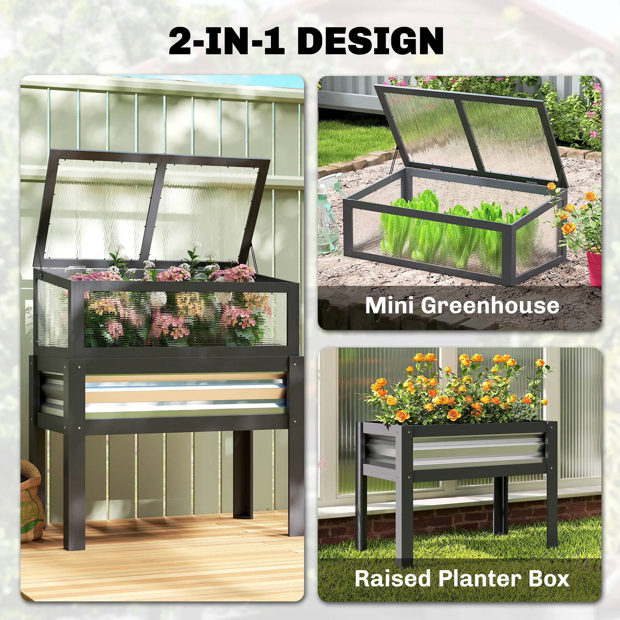 Raised Garden Bed With Greenhouse Top, Wooden Elevated Planter, Grey - Image 4