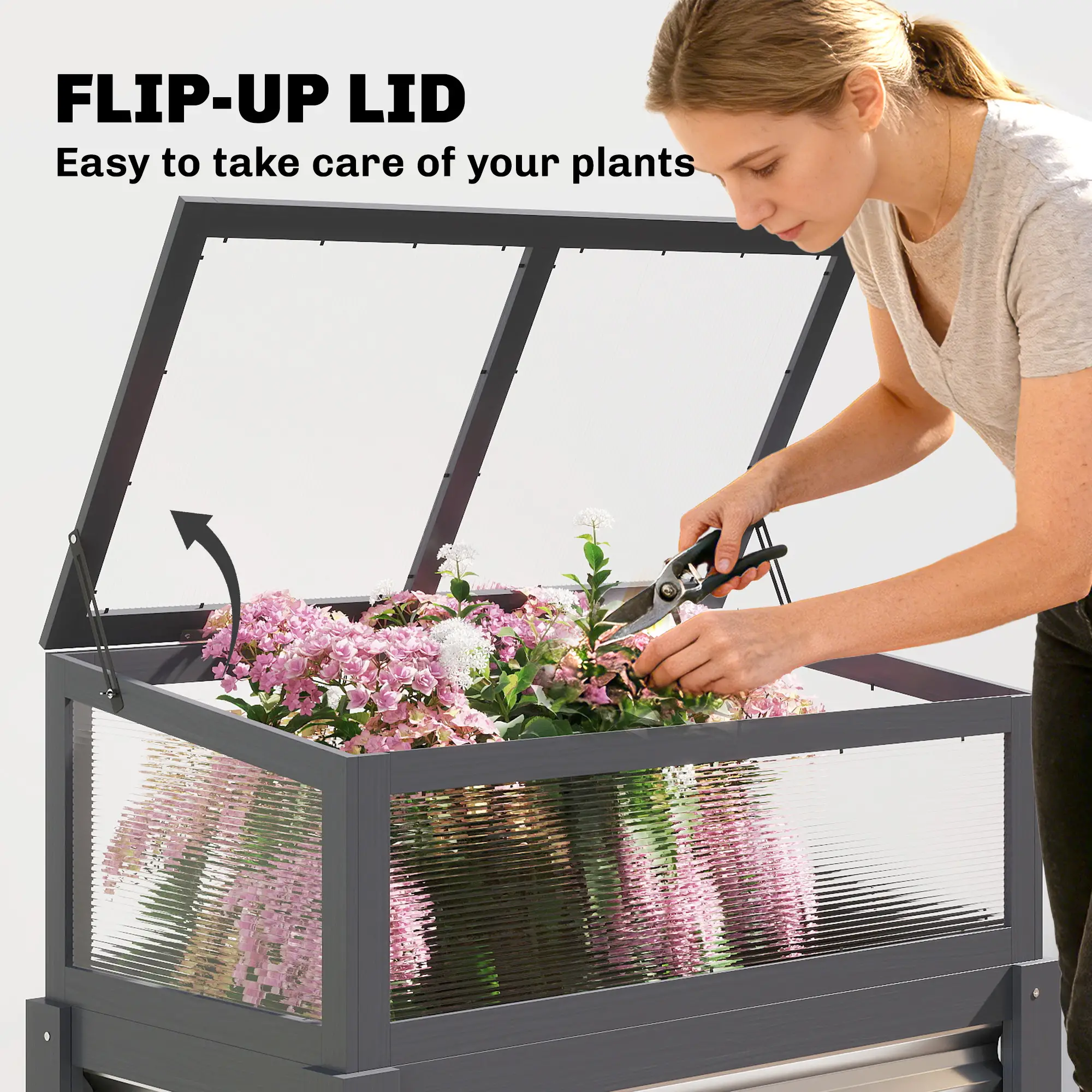 Raised Garden Bed With Greenhouse Top, Wooden Elevated Planter, Grey - Image 5